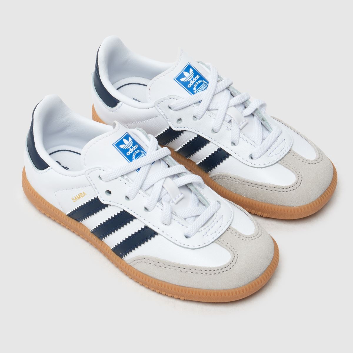 adidas fehér és sötétkék samba és kisgyermek edzőcipők