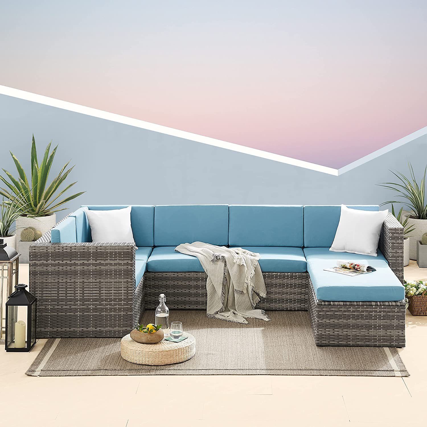 Mucola Gartenlounge-Set Gartenmöbel Rattanmöbel Gartenset Polyrattan Sitzgruppe Grau Blau Sofa, (Stück, 4-tlg., Premium-Sitzgarnitur), Hochdichter Schaumstoff