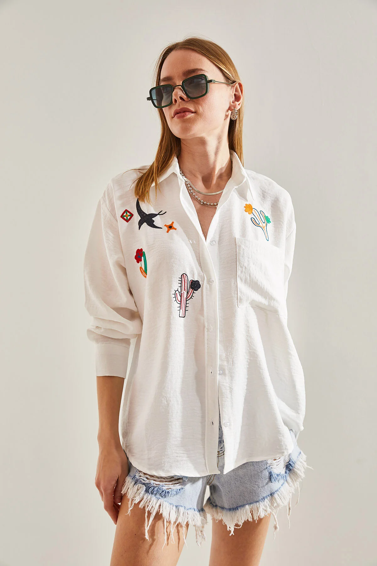 Bianco Lucci  Damen besticktes Leinenhemd