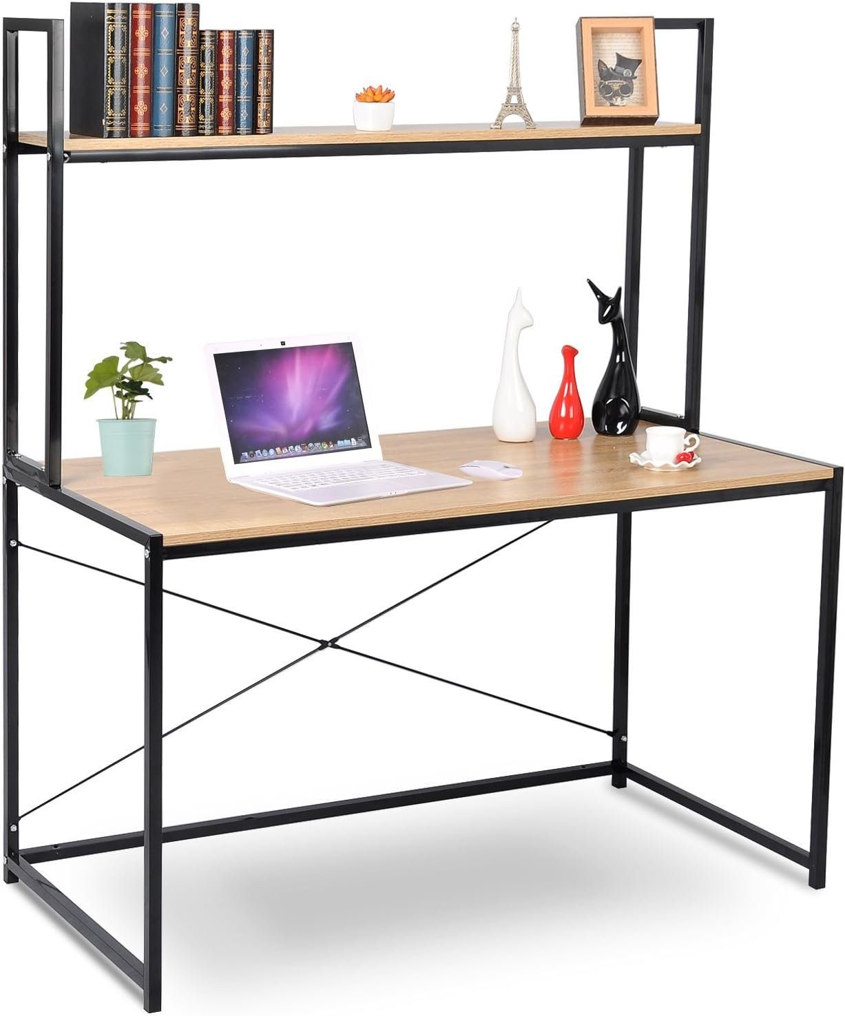 Woltu Computertisch (1-St), Schreibtisch mit 2 Ablage, aus Holz und Stahl
