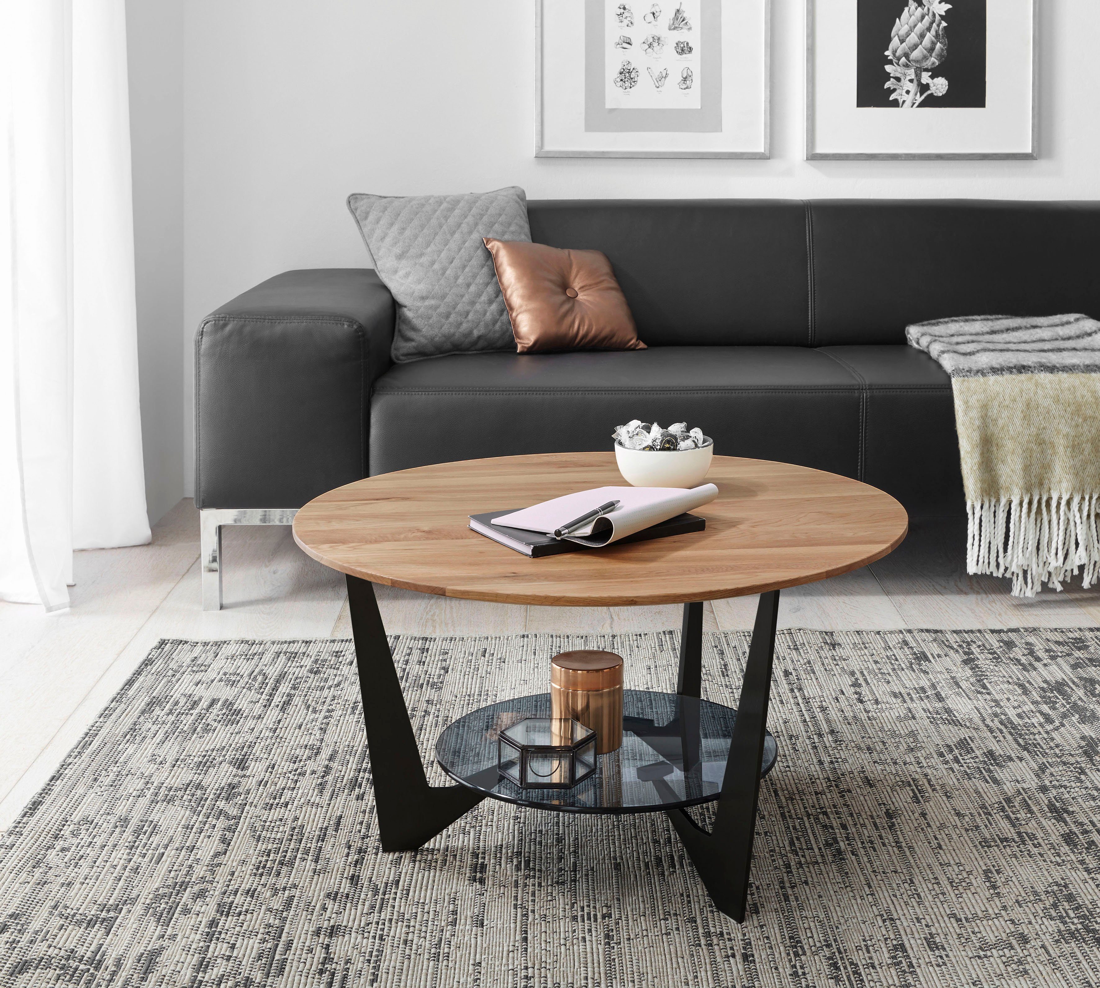MCA furniture Couchtisch Cadiz, Rund Eiche Natur geölt, Ablageboden Glas Grau