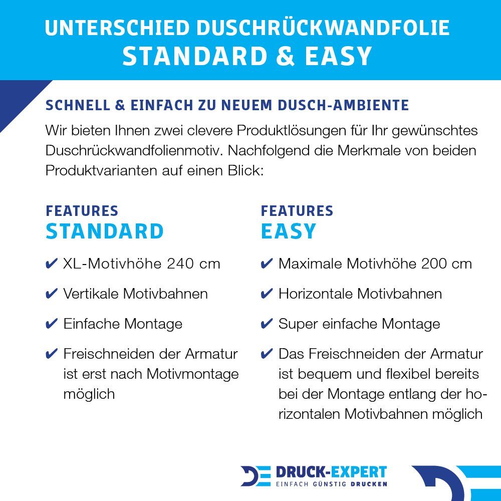 DRUCK-EXPERT Duschrückwand Premium Duschrückwand - langlebiger Fliesensticker aus 0,4 mm selbstklebenden Hart-PVC