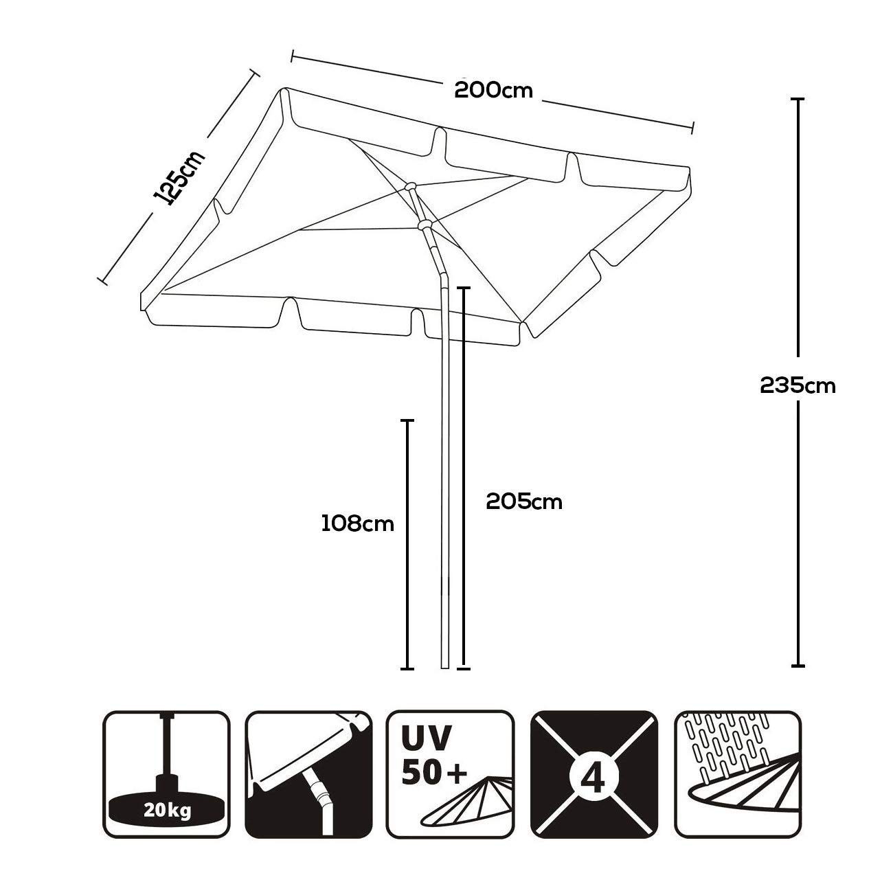 Sekey Rechteckschirm 200 x 125cm Sonnenschirm Rechteckig Balkonschirm mit Tragetasche, LxB: 200,00x125,00 cm, Marktschirm für Balkon, Terrasse, Garten, Sonnenschutz UPF 50+