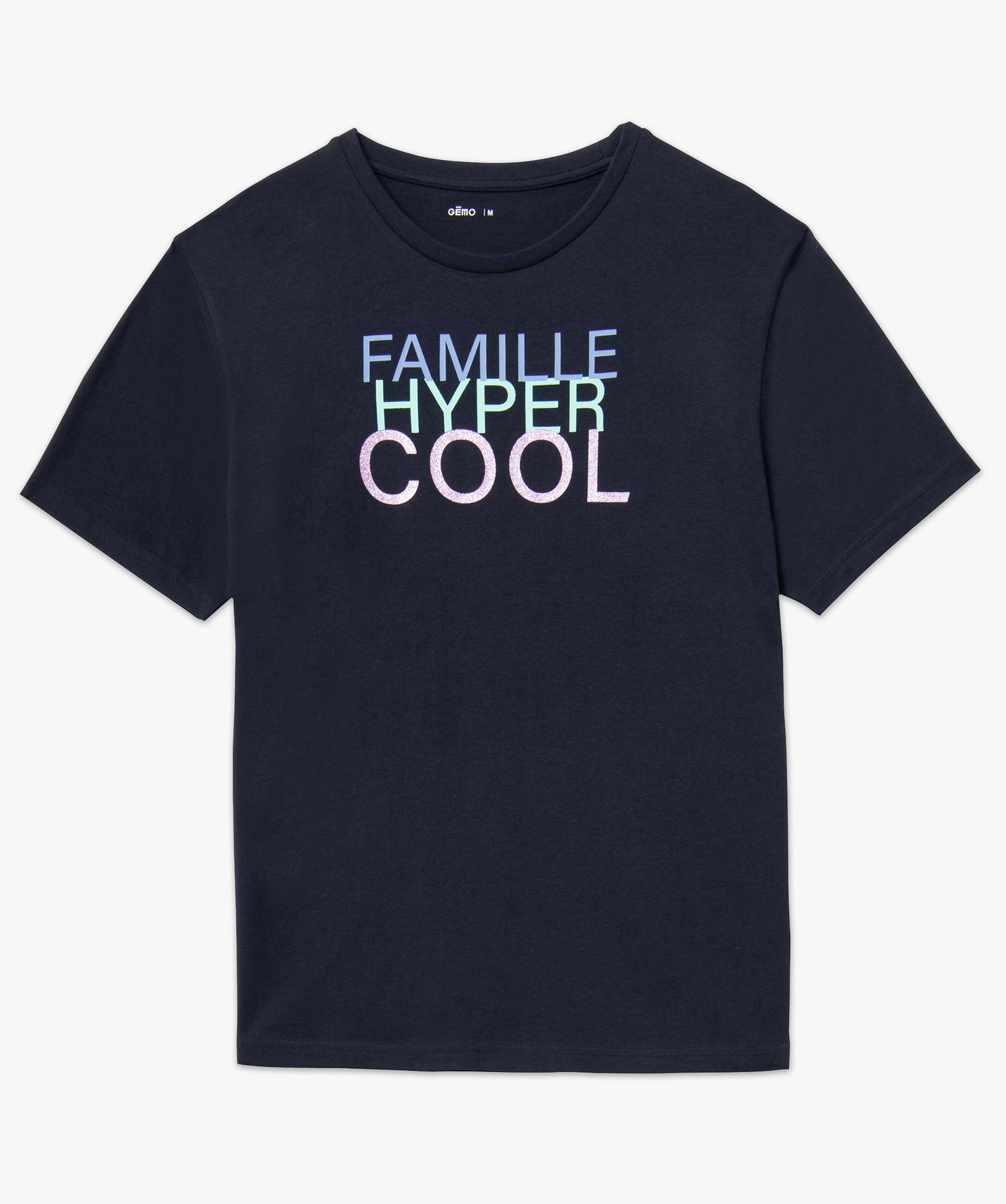 Tee-shirt femme à manches courtes avec message pailleté marine | GEMO