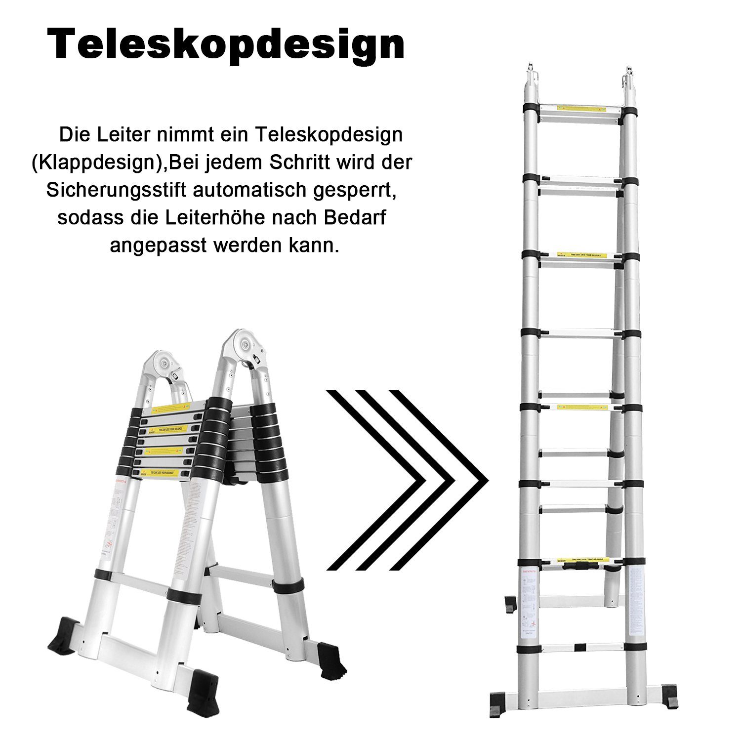 Lospitch Teleskopleiter Teleskopleiter Alu 1.9+1.9m Ausziehleiter Anlegeleiter Silber