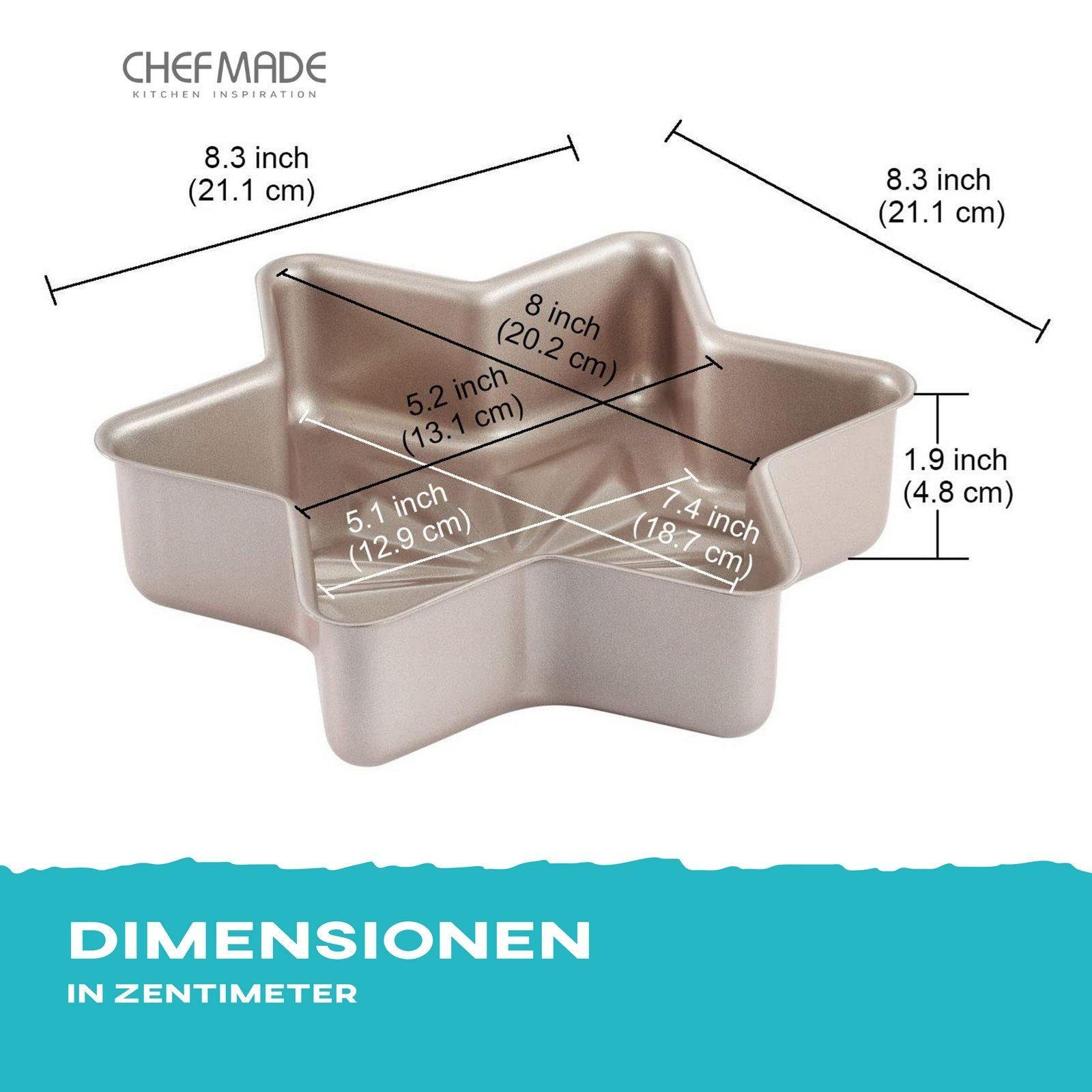 Chefmade Backform Kastenform, (CHEFMADE, 21cm Motivbackform Stern, 202x131x48mm, Champagnergold, antihaft- & silikonbeschichtet, Kuchenform Stern, Motiv-Backform, Backform Weihnachten, Kuchenform Weihnachten 1-tlg), Motiv Kuchen Formen Stern Motiv -