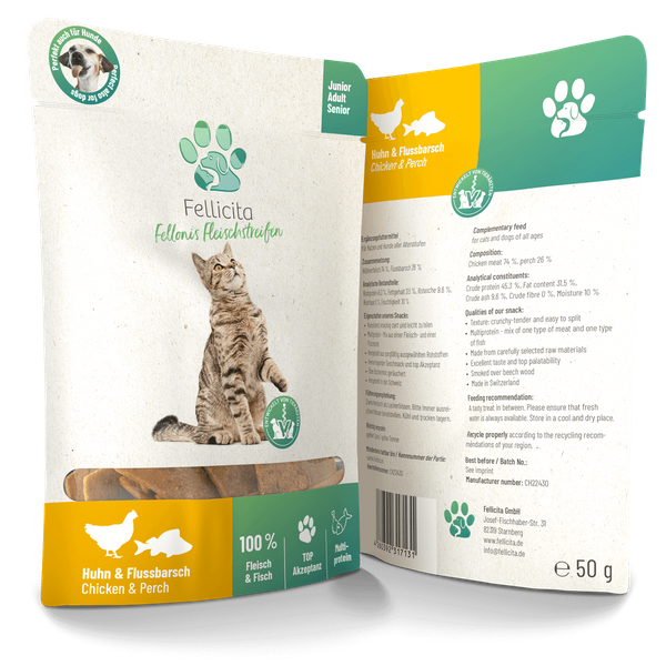 Fellicita Snacks Fellicita Huhn & Flussbarsch Fleischstreifen 8x 50g Fellonis Katzensnacks