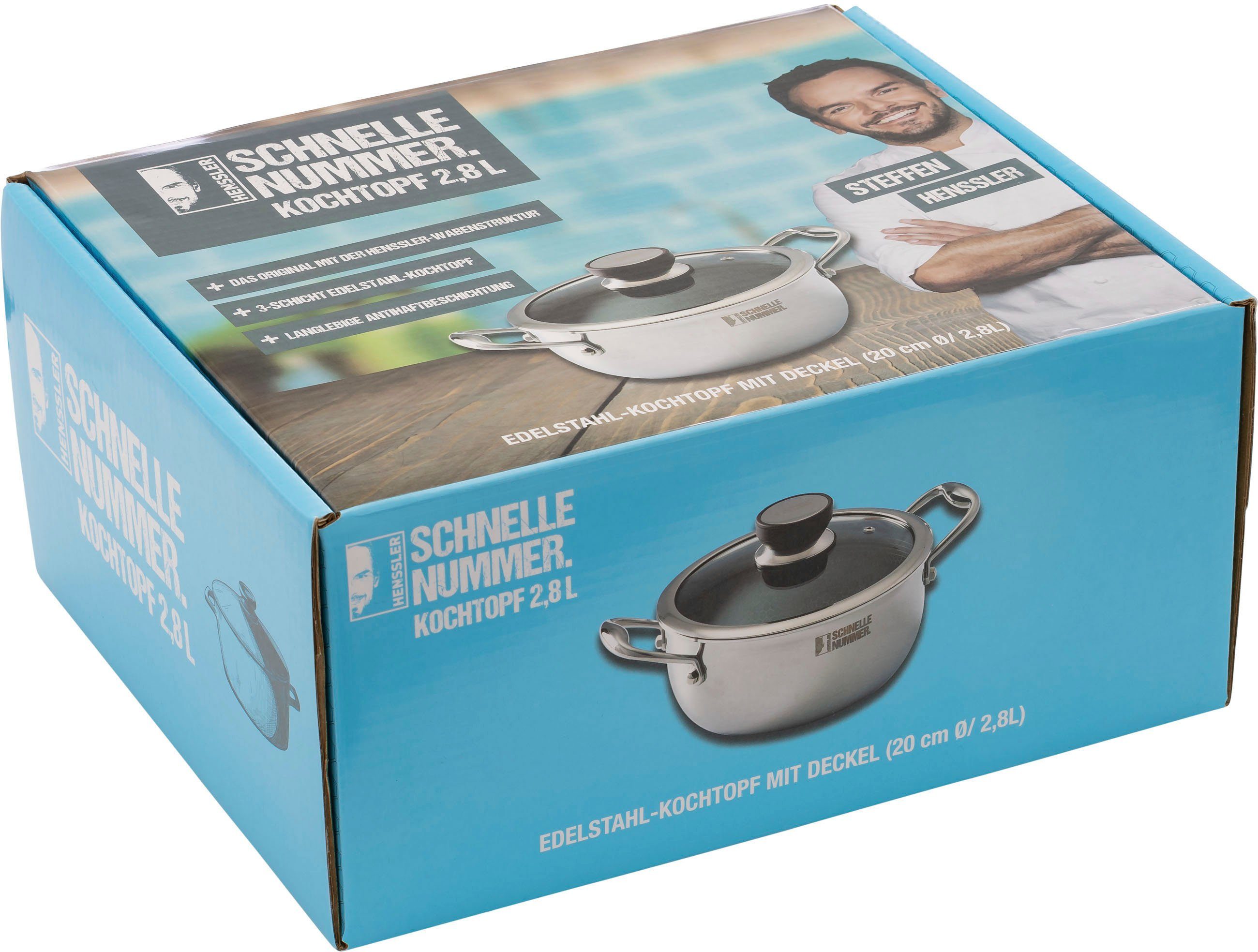HENSSLER SCHNELLE NUMMER Kochtopf SH10074, Edelstahl, Ø 20 cm, 2,8 Liter, 3-Schicht Material mit Wabenstruktur, Induktion