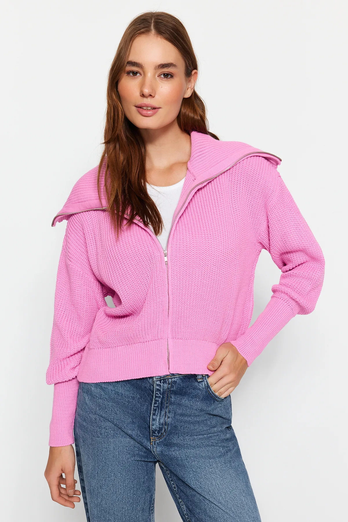 Trendyol Collection  Degaje Kragen Rosa Strick-Cardigan - Reißverschluss TWOAW24HI00072