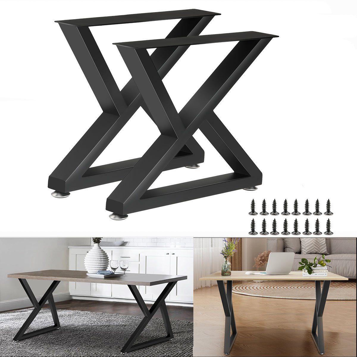 oyajia Tischbein Tischkufen X-Form aus Vierkantprofilen 50x30 mm, Tischgestell Schwarz, 2 Stück mit Schrauben & Bodenschoner, für Esstisch Couchtisch Sitzbank