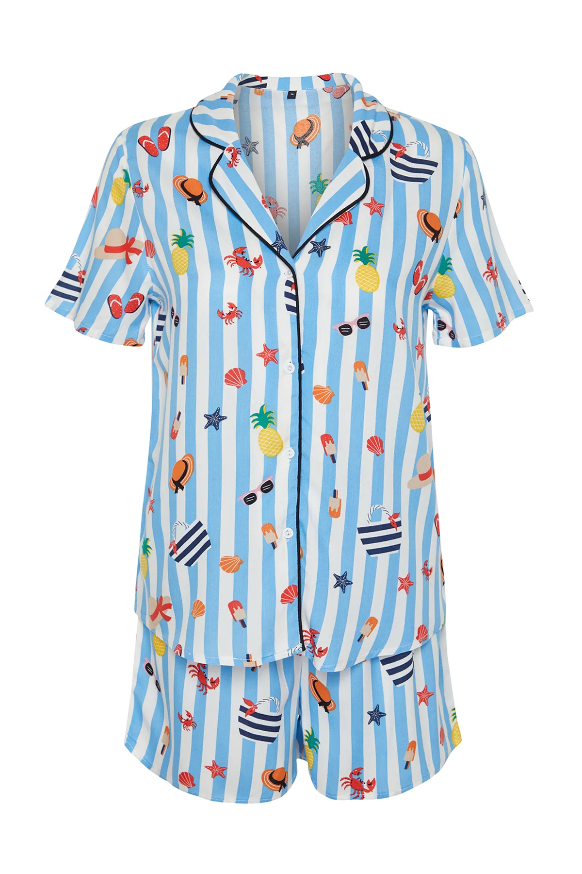 Trendyol Collection  Blau-mehrfarbig gemusterte Paspelierung, detailliertes Viskose-Webpyjama-Set THMSS24PT00122