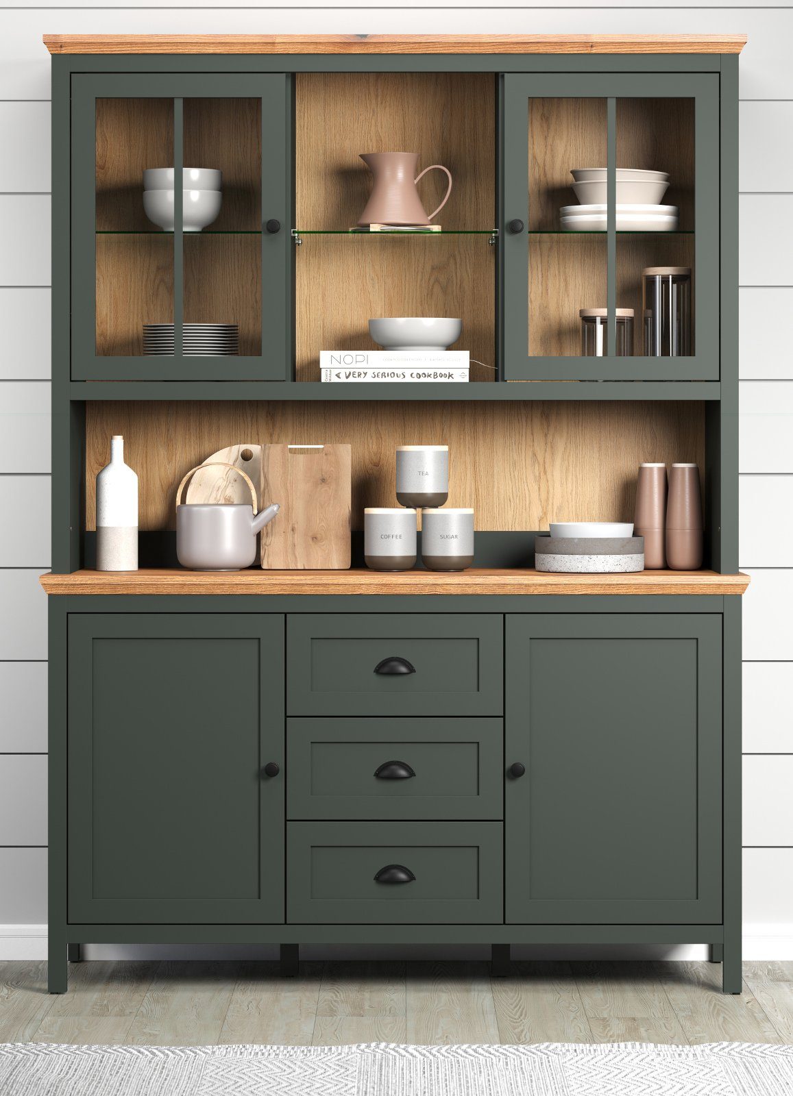 trendteam Buffet Stanton (Buffetschrank in Landhaus grün mit Eiche, 146 x 198 cm) mit LED Beleuchtung