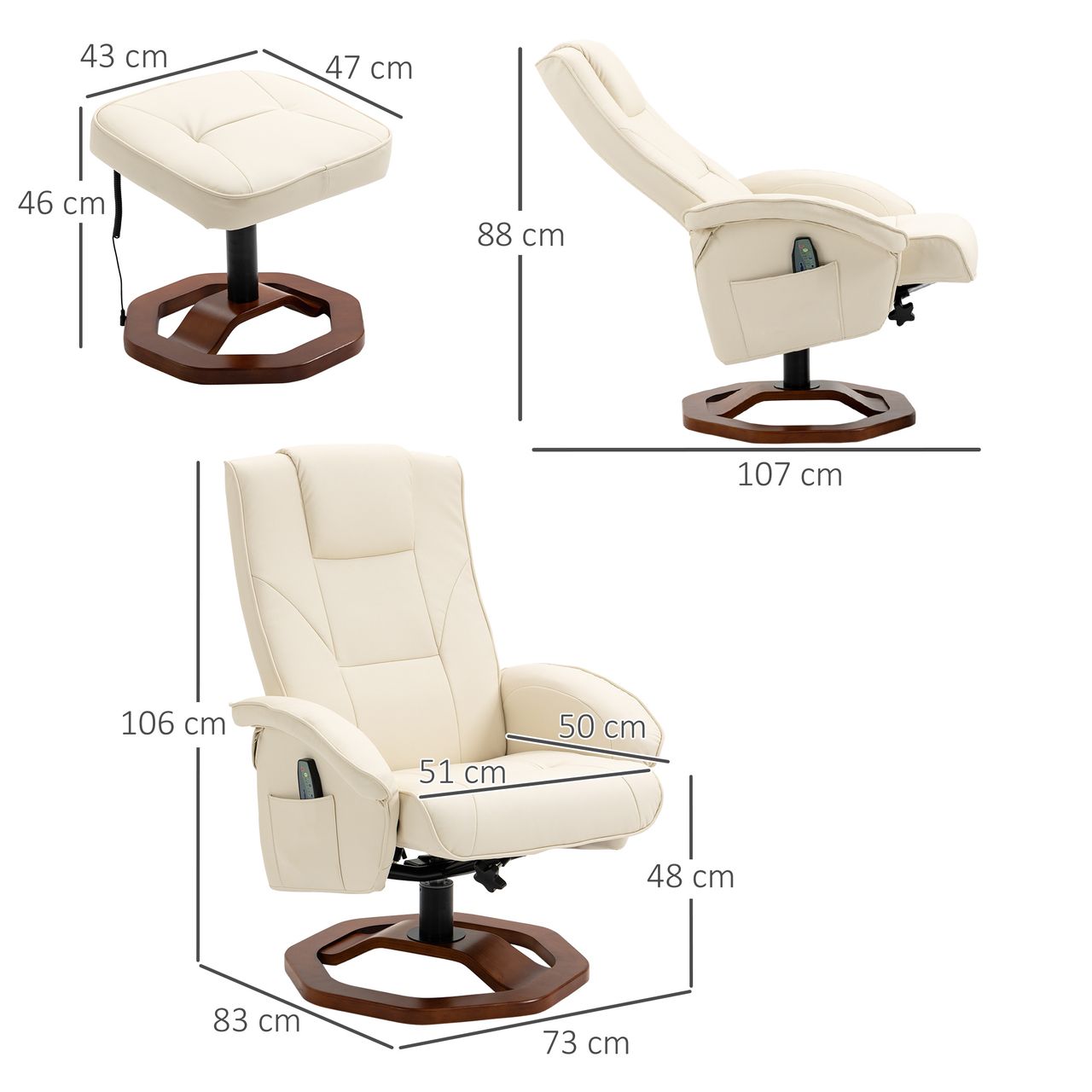 HOMCOM Massagesessel Relaxliege mit Fußhocker Relaxsessel Liegefunktion Fernsehsessel Liegesessel mit Massagefunktion 360° drehbar Kunstleder Stahl Cremeweiß Braun 73 x 83 x 106 cm
