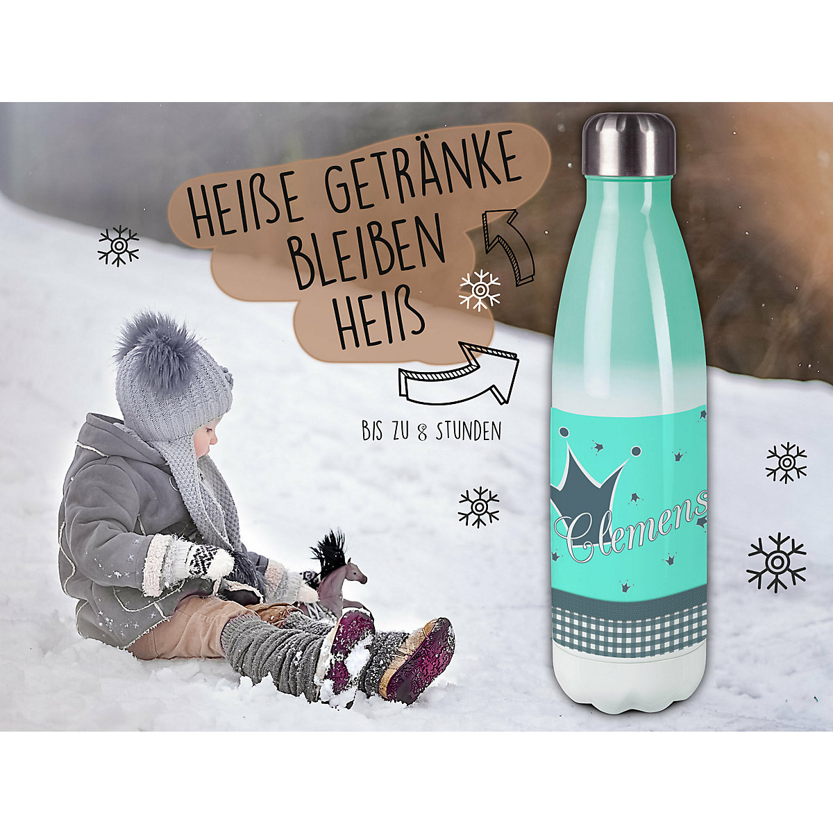 Edelstahl Kinder Thermoflasche / Trinkflasche bunt Krone Farbe türkis grau Spülmaschinenfest, Auslaufsicher, Bruchfest, Doppelwandig, Für Heißgetränke geeignet, Mit Deckel, Isoliert