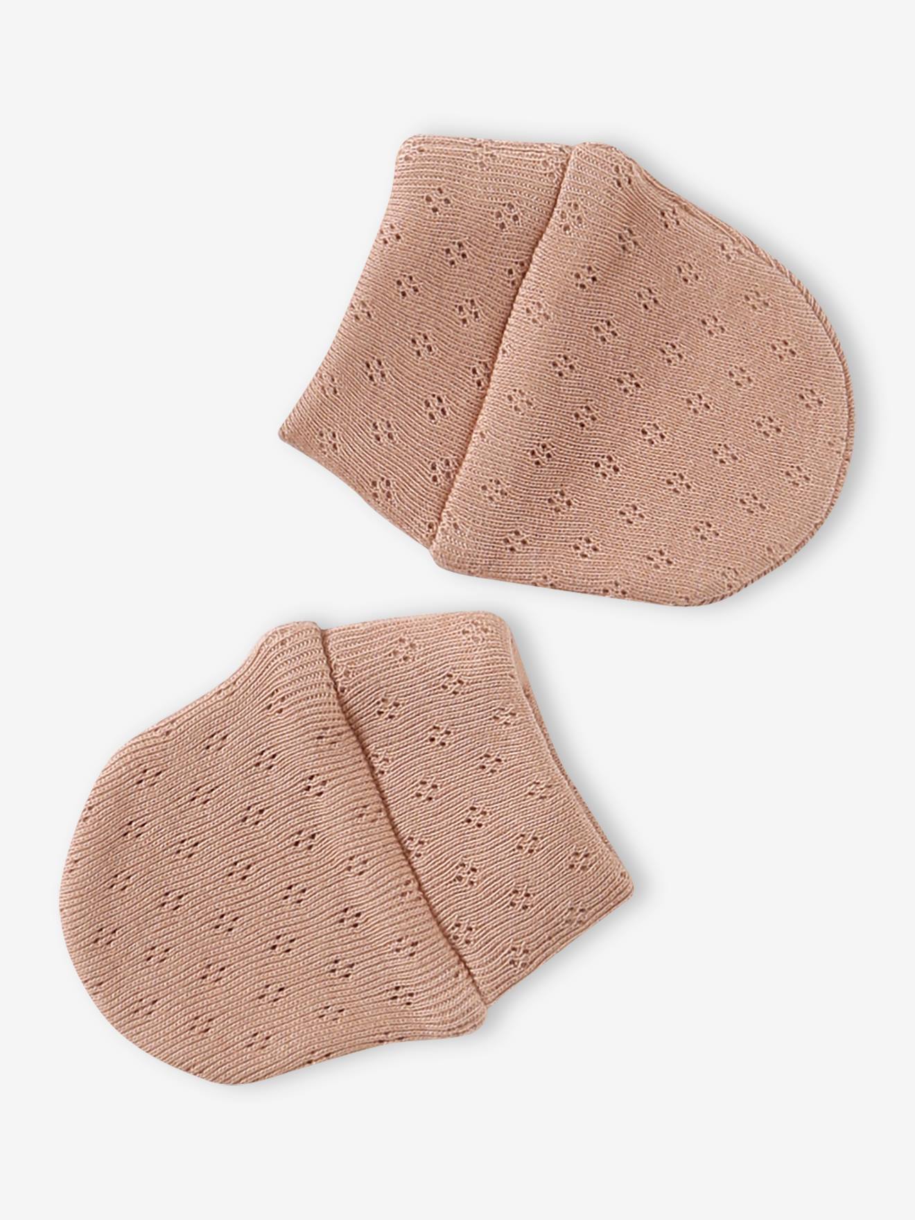 Ensemble naissance fille bonnet + moufles + chaussons + pochon cappuccino