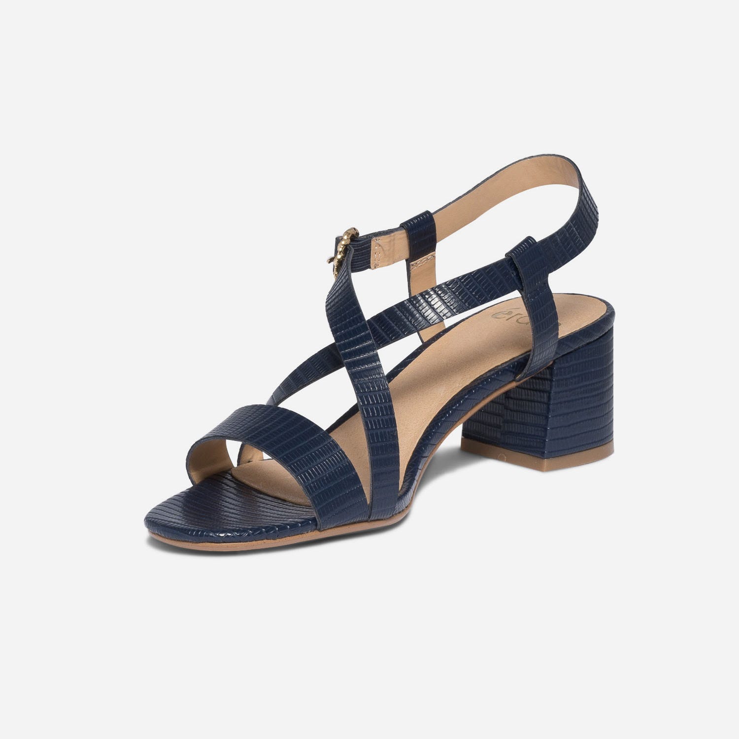 Sandale à talon marine en cuir embossé effet python