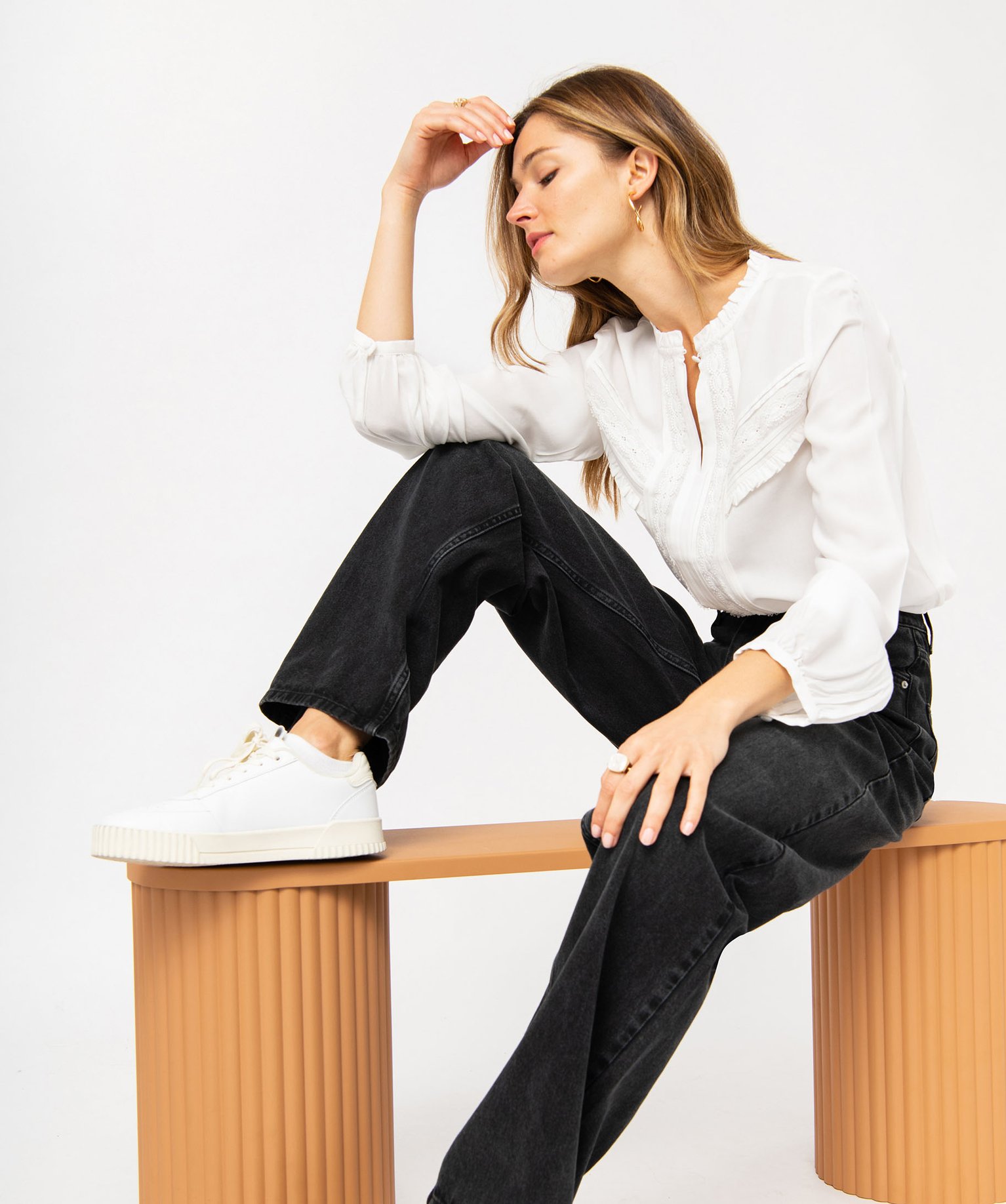 Blouse femme à manches longues avec empiècements dentelle ecru | GEMO