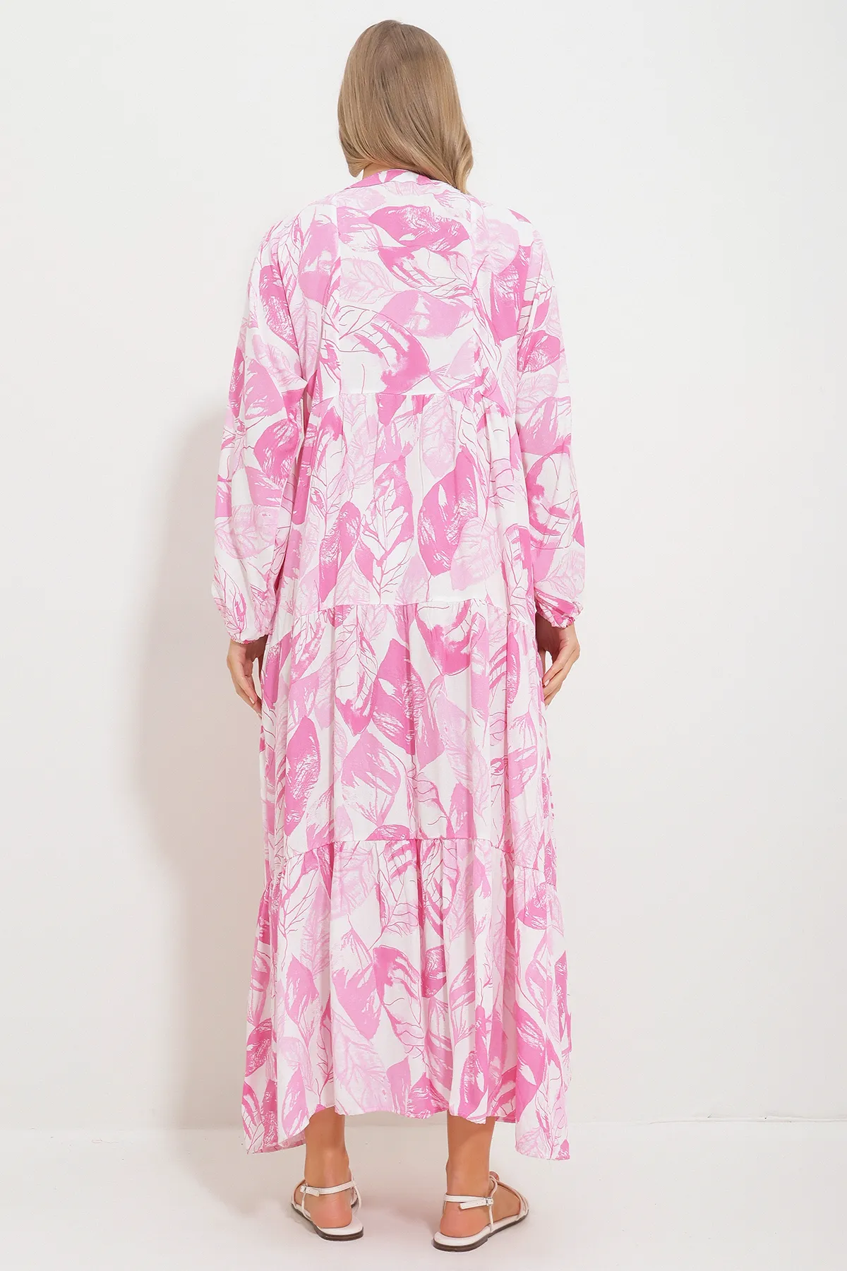 Trend Alaçatı Stili  Rosa Maxikleid mit Schalkragen und Muster für Damen Alc-X11593