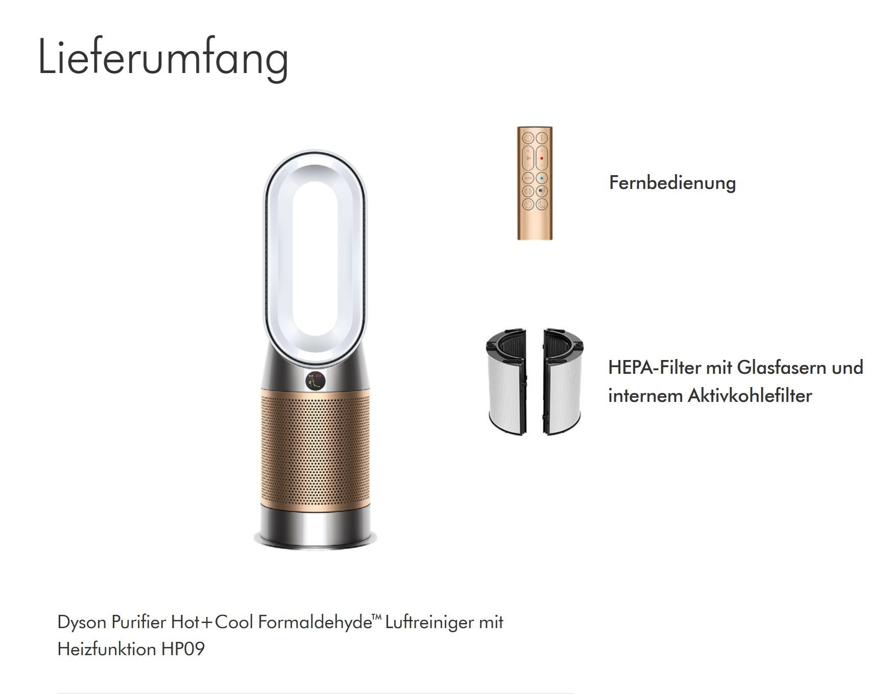 DYSON Kombigerät Luftreiniger, Ventilator und Heizlüfter HP09 Purifier Hot+Cool 3in1 gold, Ventilator Luftreiniger Heizlüfter, für 50 m² Räume, leise Schlafzimmer geeignet, Allergiker Raucherzimmer Luftfilter 99,5%
