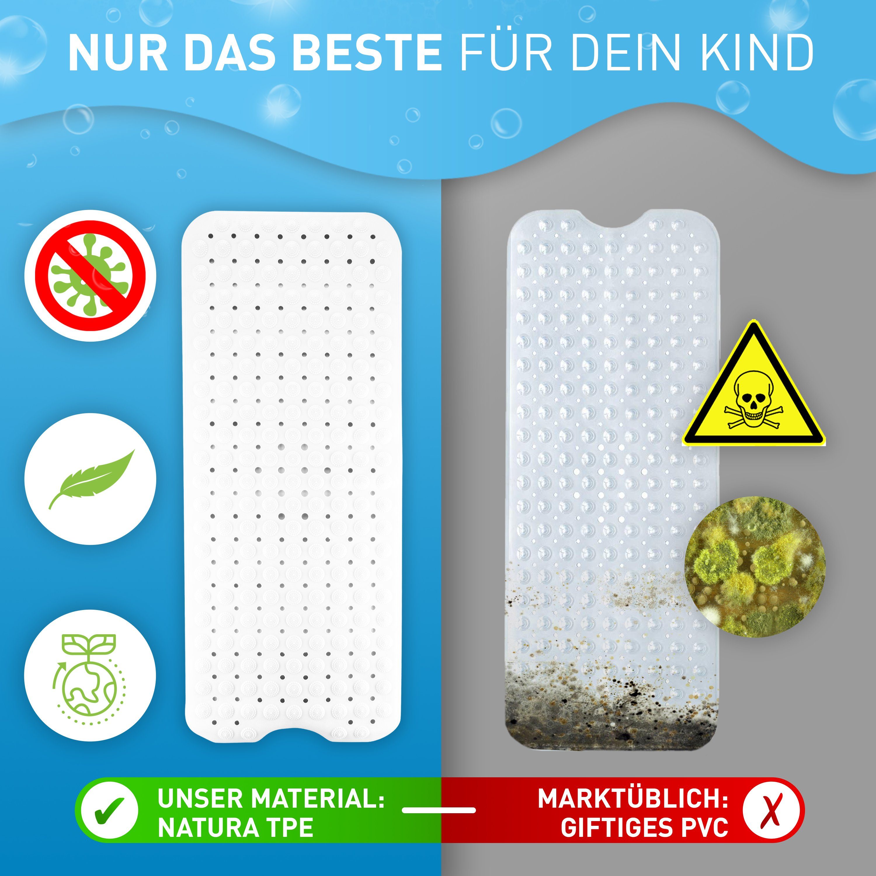FLIPLINE® Wanneneinlage Badewannenmatte rutschfest Natura Hautsensitiv aus TPE kein PVC, Maße: 100x40cm, BPA Frei, Maschinenwaschbar - für Babys und Kinder