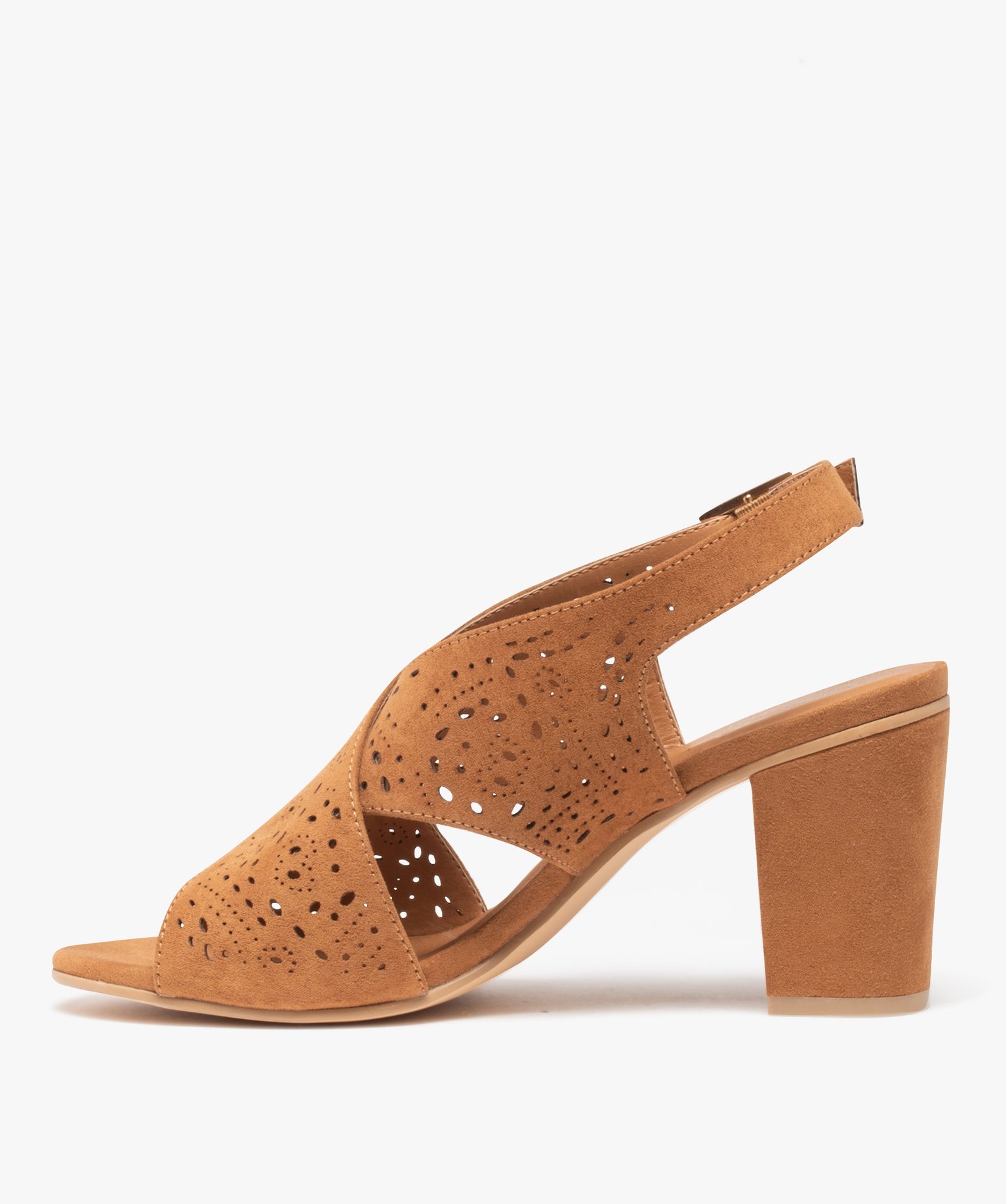 Sandales femme unies à talon carré et brides perforées camel | GEMO