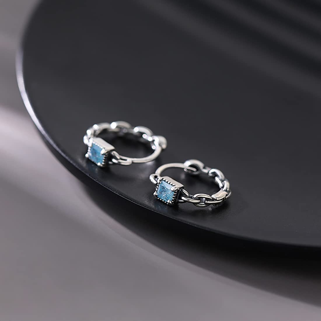 POCHUMIDUU Paar Ohrhänger 925 Sterling Silber Blau CZ Hoop Ohrringe (2-tlg., Link Hoop Ohrringe Retro Huggie Hoop Ohrringe), für Frauen Teenager Mädchen