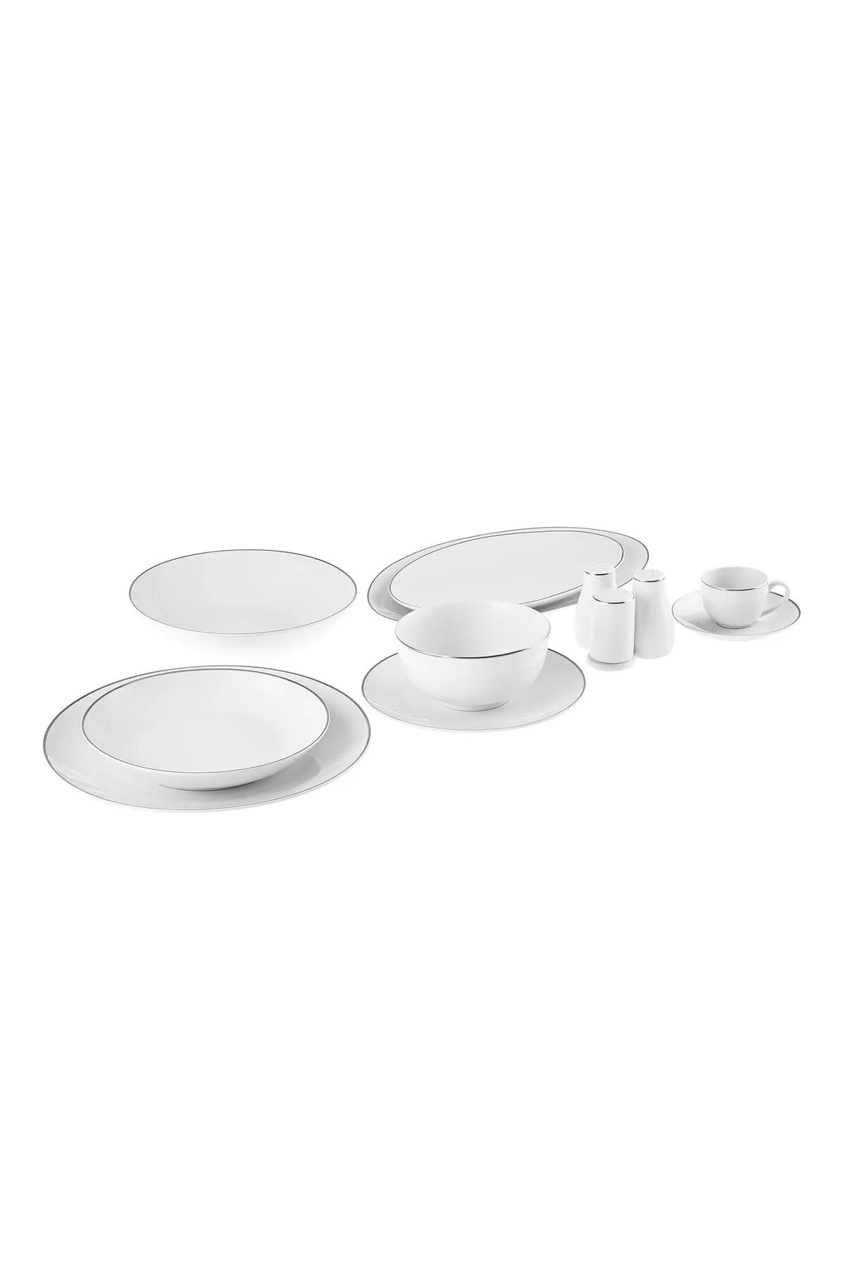 Karaca  Rowan 69tlg. 12 Personen New Bone Geschirr Platin, Linien auf Porzellan, New Bone Tafelservice