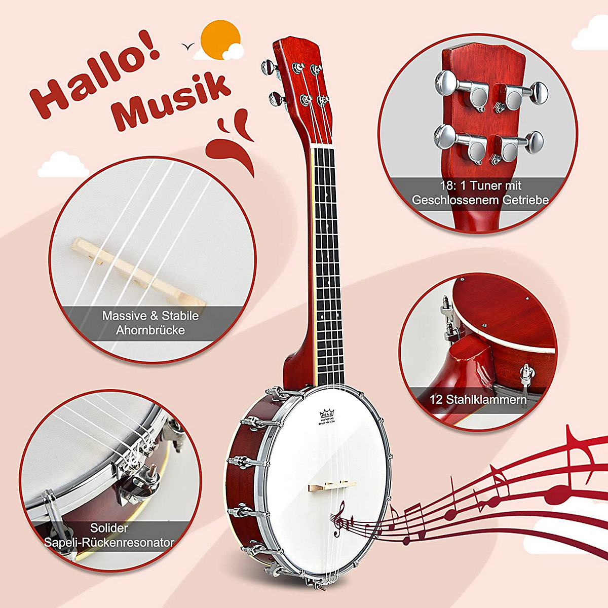 4 Saiten Banjo 24 Zoll mit Stimmgerät Ukulele