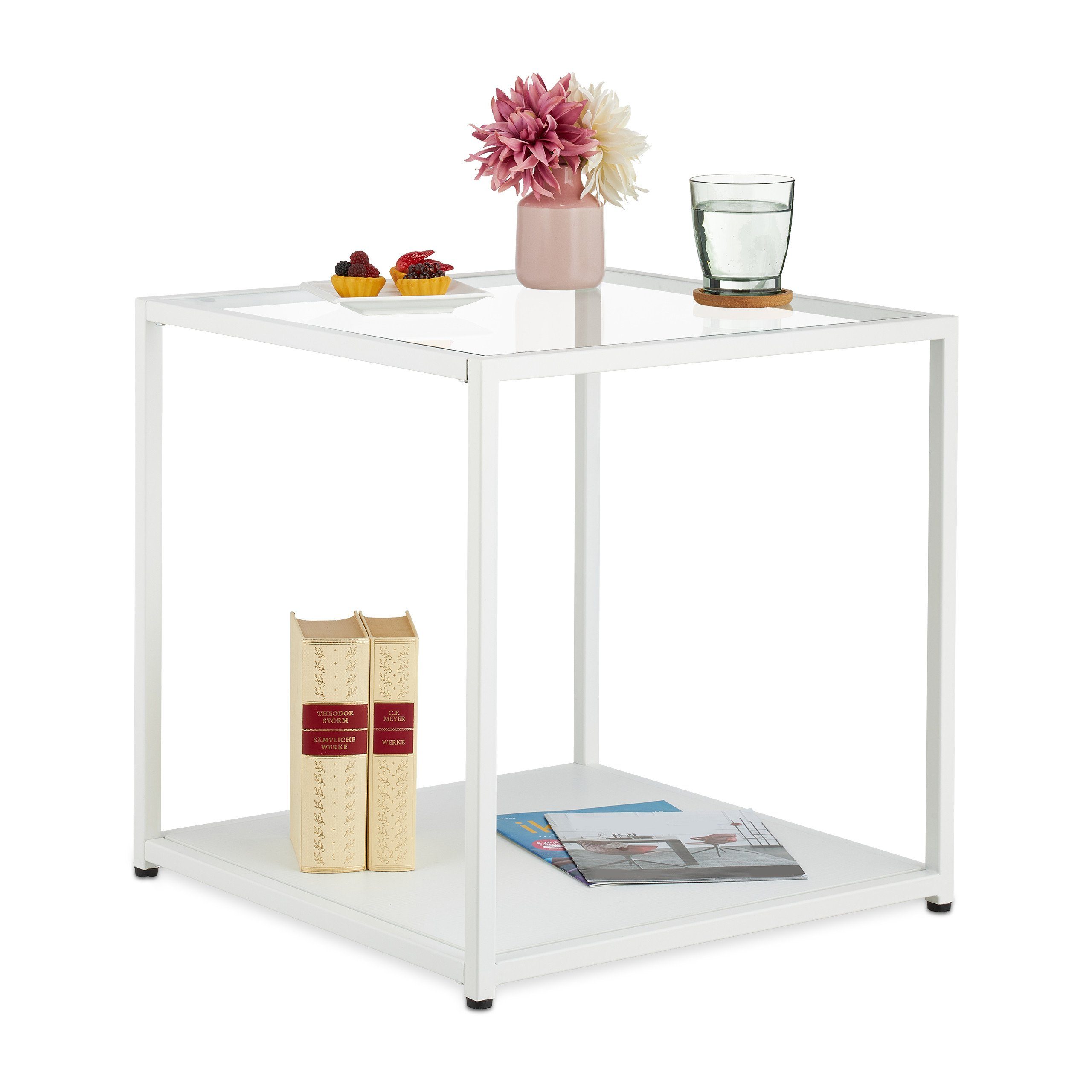 relaxdays Beistelltisch Beistelltisch Quader mit Glas