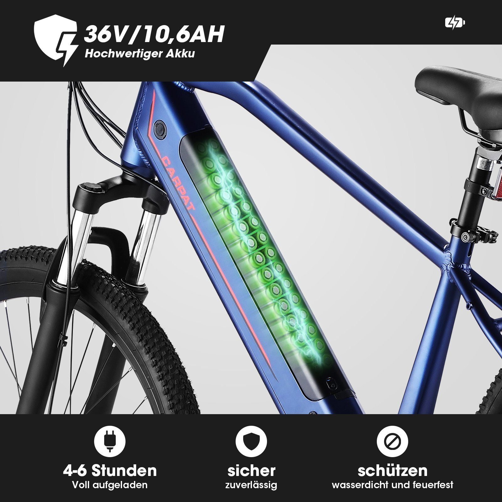 CARPAT SPORT E-Bike 27,5 Zoll Elektrofahrrad Pedelec E-Citybike Herren Damen, 36V 10,6Ah, 8 Gang Microshift, Kettenschaltung, Heckmotor, (E-Mountainbike mit akku-ladegerat, mit werkzeug), Alu-Rahmen, E-bike Faltrad Cityrad