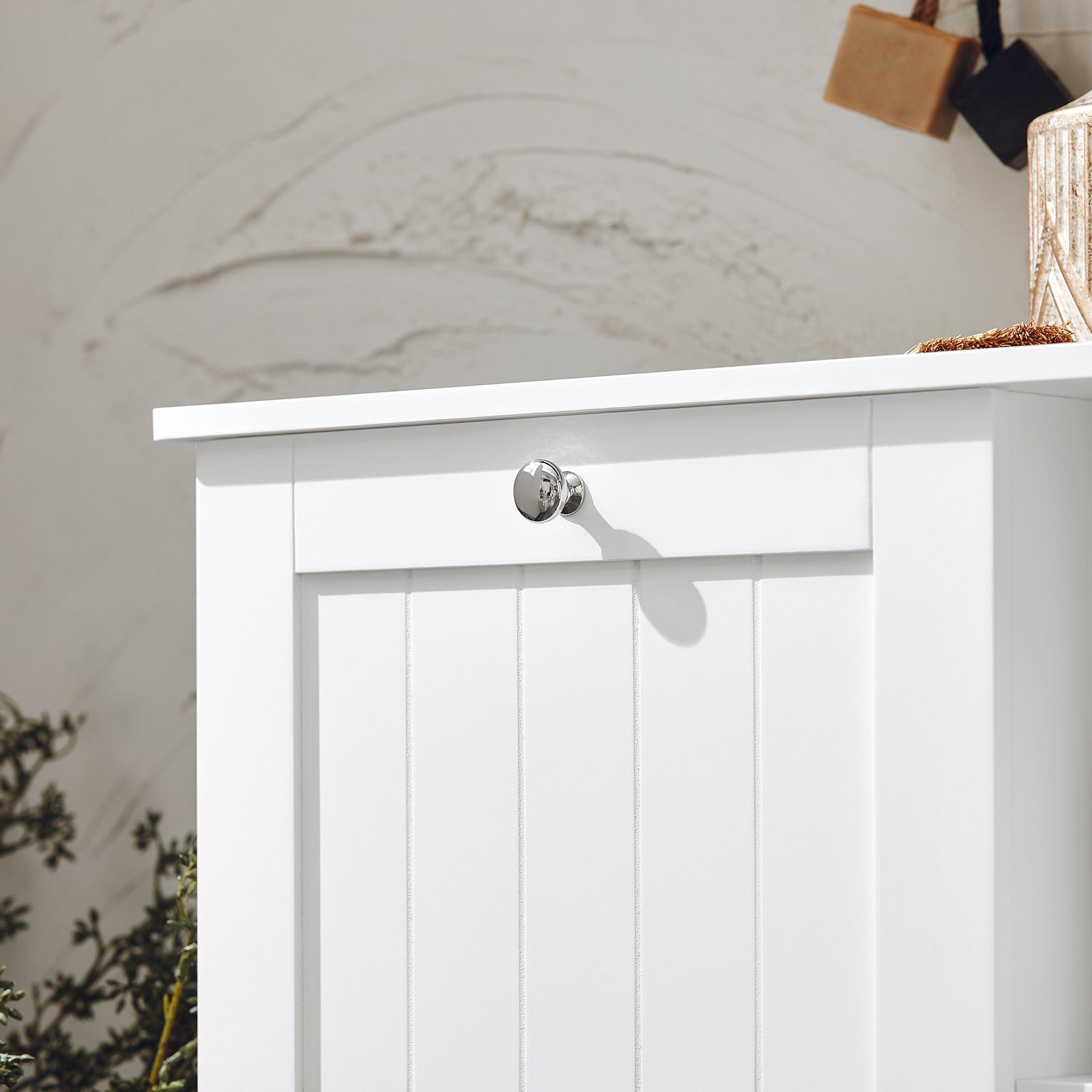 SoBuy Wäscheschrank BZR105 Badschrank mit Wäschesack Wäschetruhe Wäschesammler Wäschekorb Weiß