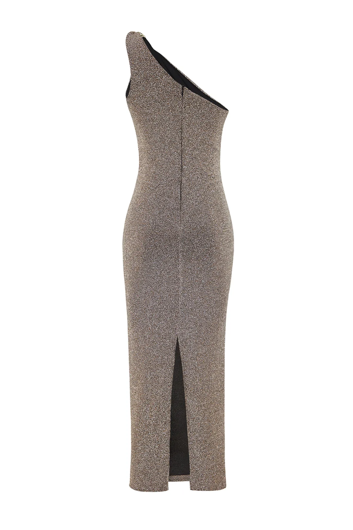 Trendyol Collection  Zeynep Tosun Stilvolles Abendkleid mit Glitzer und Schlangen-Accessoire-Details - Bronzefarbenes Strickkleid TCLSS24EL00005