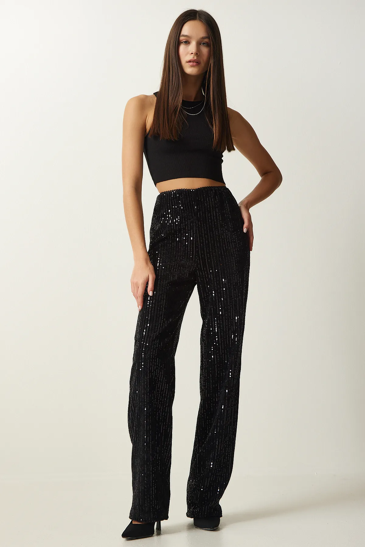 Happiness İstanbul  Schwarze Palazzo-Hose mit Pailletten für Damen MC00250