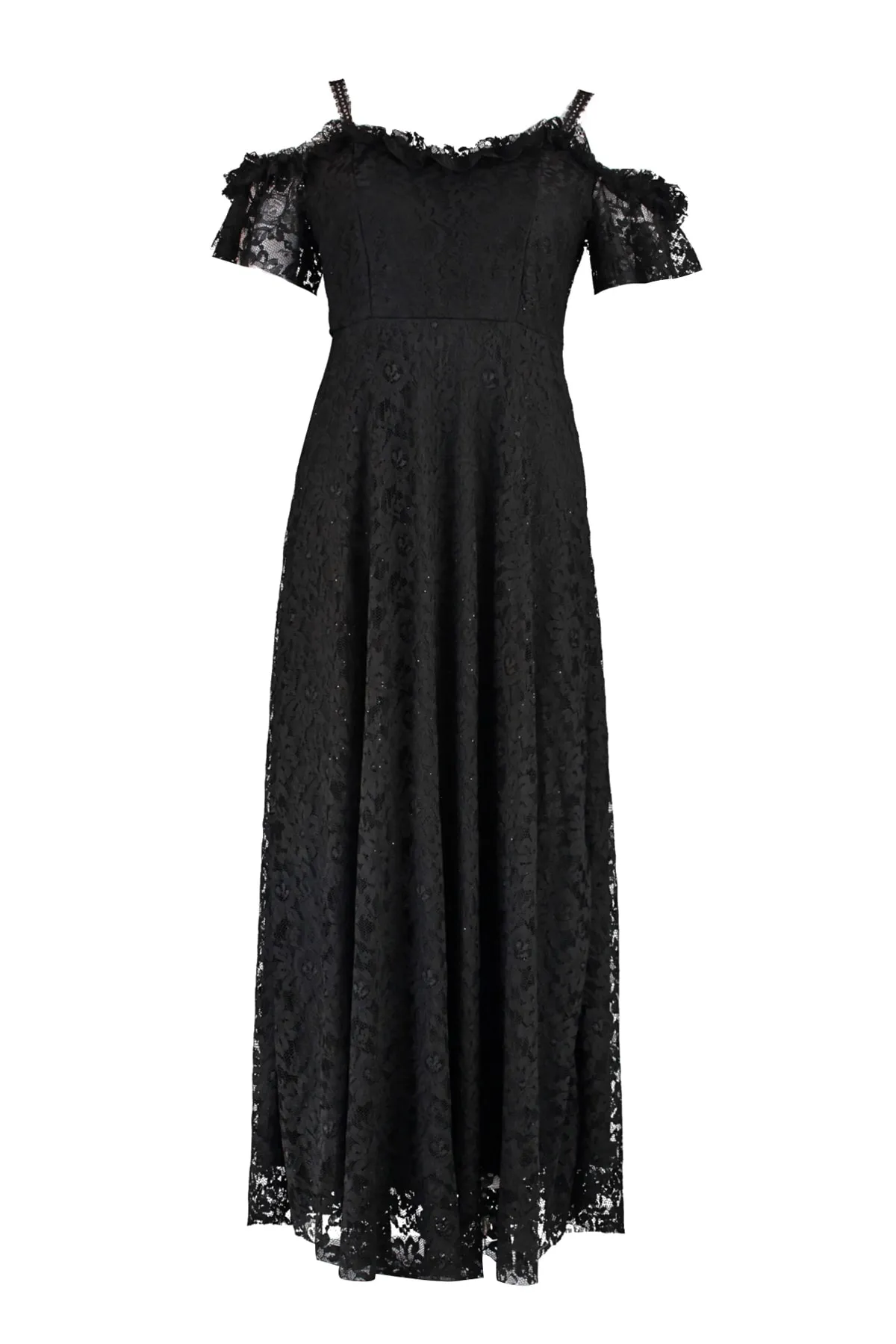 Trendyol Curve  Schwarzes Maxi-Abendkleid in Übergröße mit Trägern in A-Linie und Spitze TBBAW23AH00187