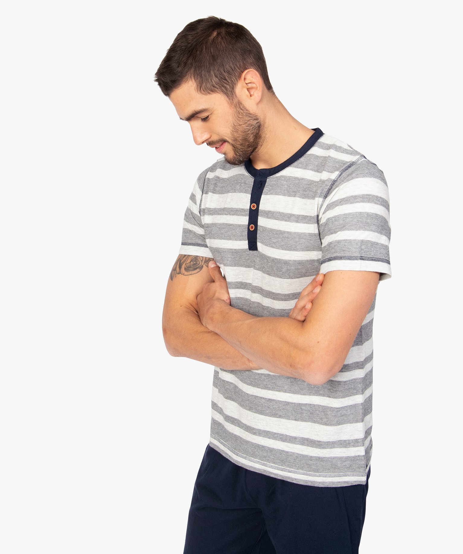 Pyjashort pour homme avec haut rayé et bas uni bleu | GEMO