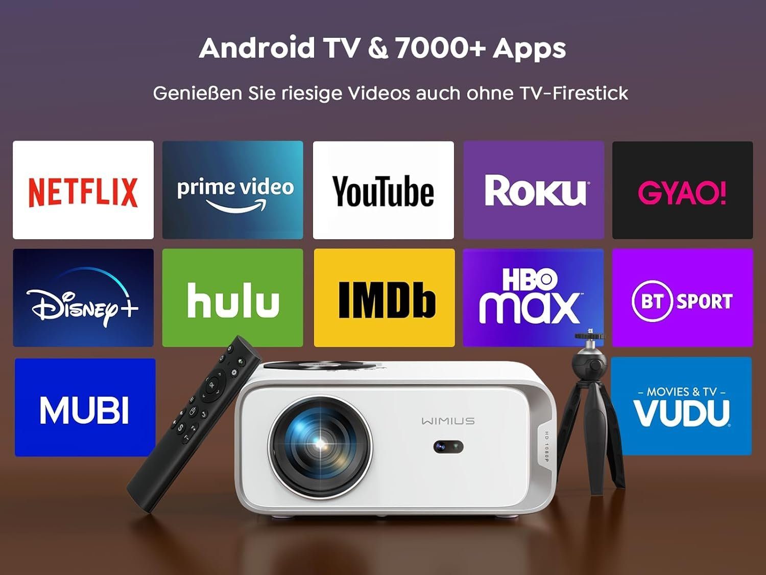 WiMiUS Andriod TV Elektrischer Fokus Nativ 1080P WiFi6 Bluetooth Beamer (1920 x 1080 px, 4K-Unterstützung 750ANSI Video Beamer Heimkino mit Stativ/Automatische)