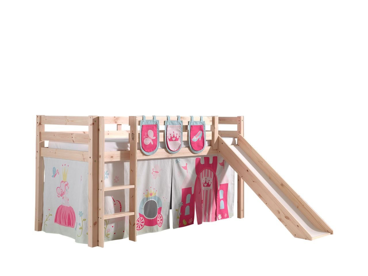 VIPACK Spielbett Pino inkl. Rutsche mit Textilset Vorhang und 3 Taschen 