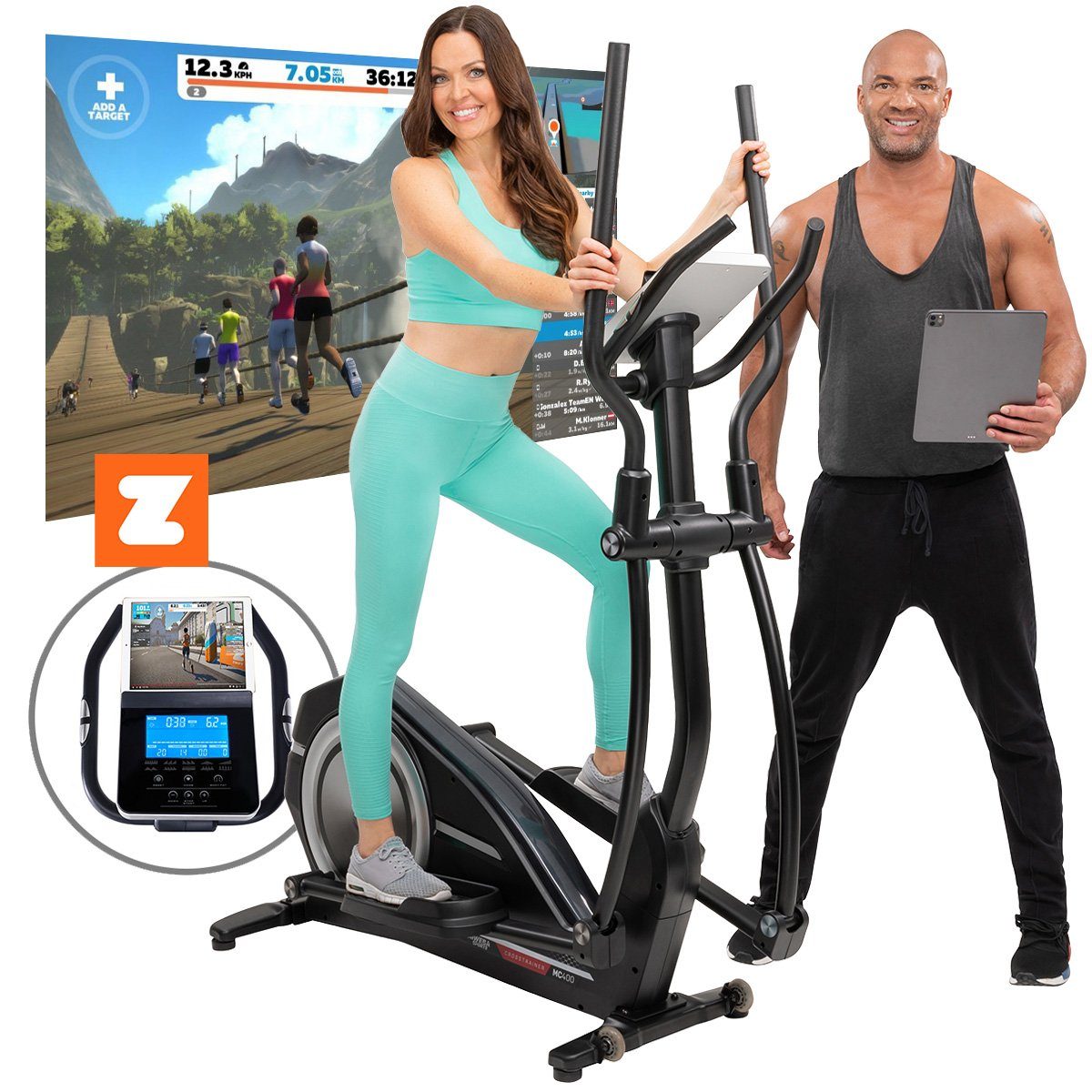 Miweba Sports Ellipsentrainer Profi Crosstrainer MC400 - 27 kg Schwungmasse & Magnetbremse (32 Intensitätsstufen, 10 Trainings Programme, Sportgeräte Fitnessgeräte für zu hause, verstellbar, 1-tlg., Zwift App & Streaming-Funktion, 150 kg max. Benutze