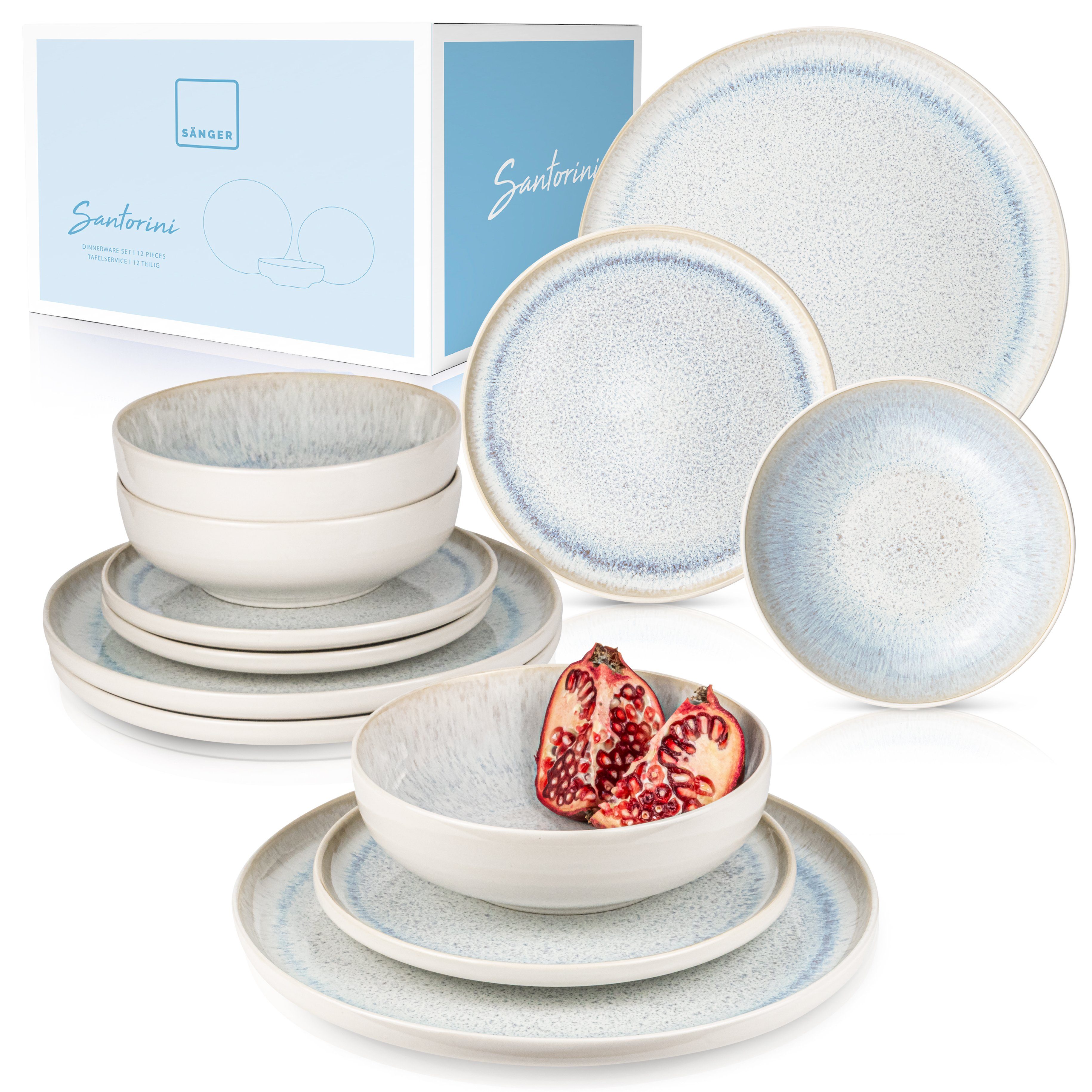 SÄNGER Tafelservice Santorini Geschirrset (12-tlg), 4 Personen, Steingut, Cremefarben mit Flieder Blauem Verlauf, Handmade