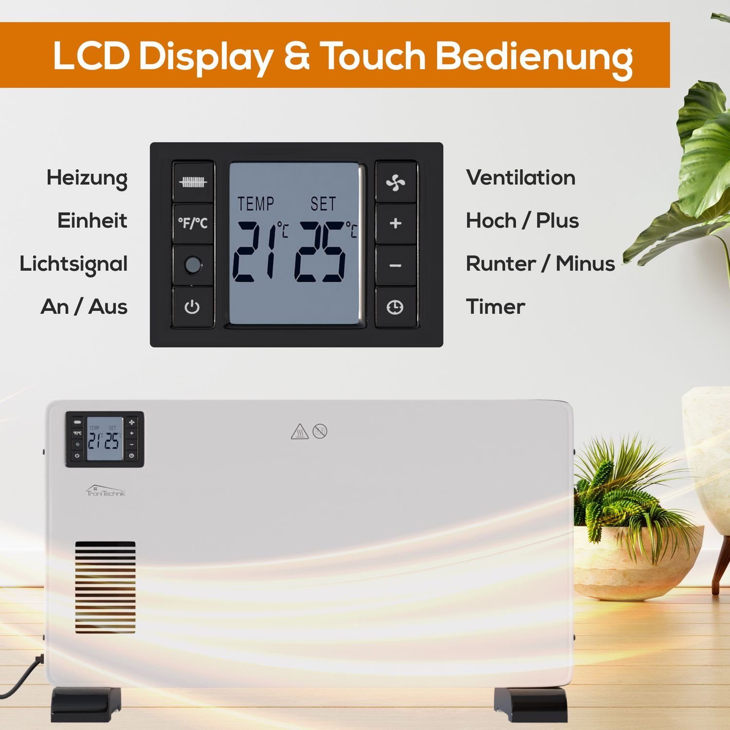 TroniTechnik Konvektor Elektroheizer KH102 Konvektor Heizgerät Heizkörper, 3 Stufen 2300 Watt, 2300 W, mit Griffmulde, Timer und Thermostatsteuerung, Überhitzungsschutz