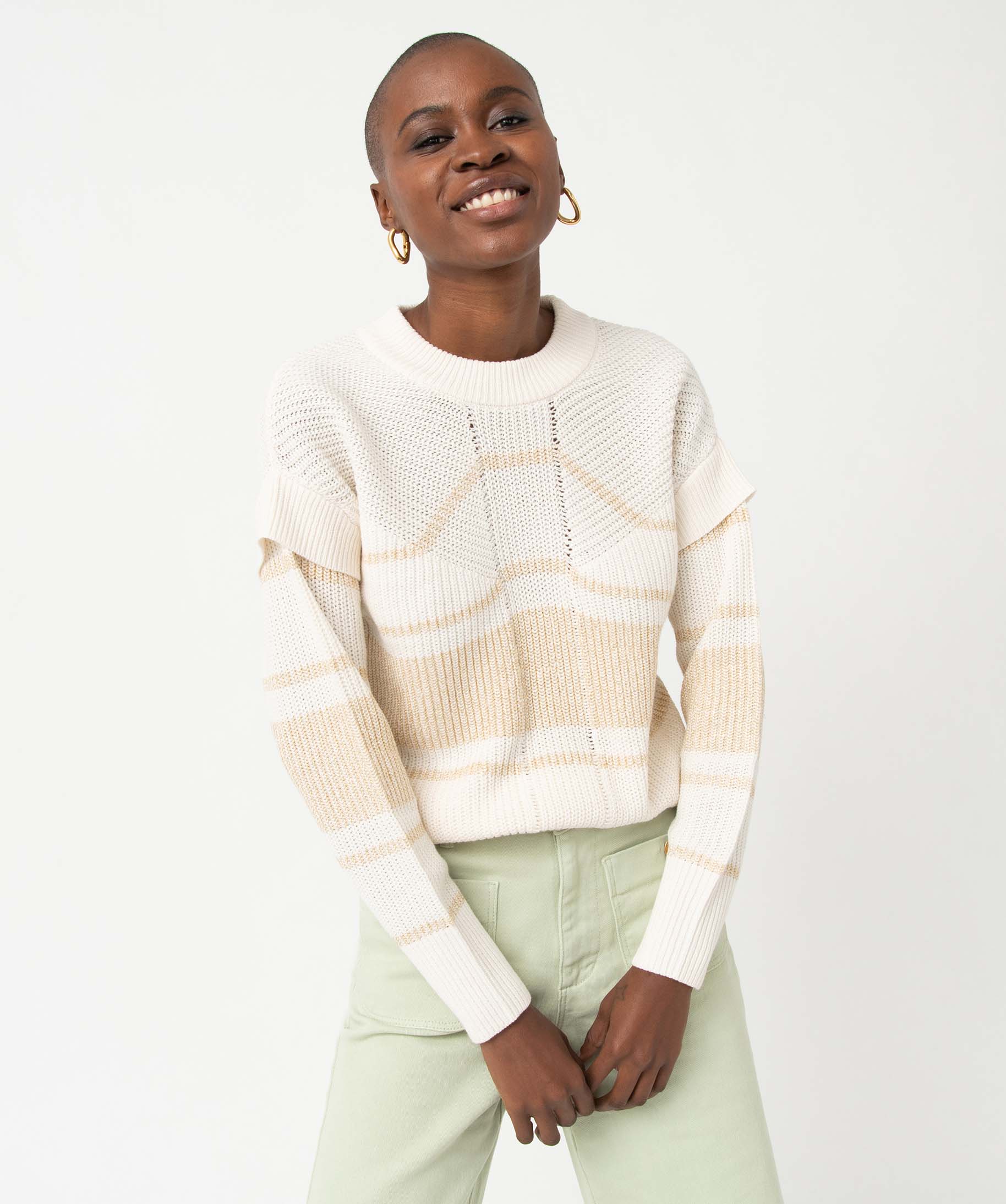 Pull femme avec rayures pailletées ecru | GEMO