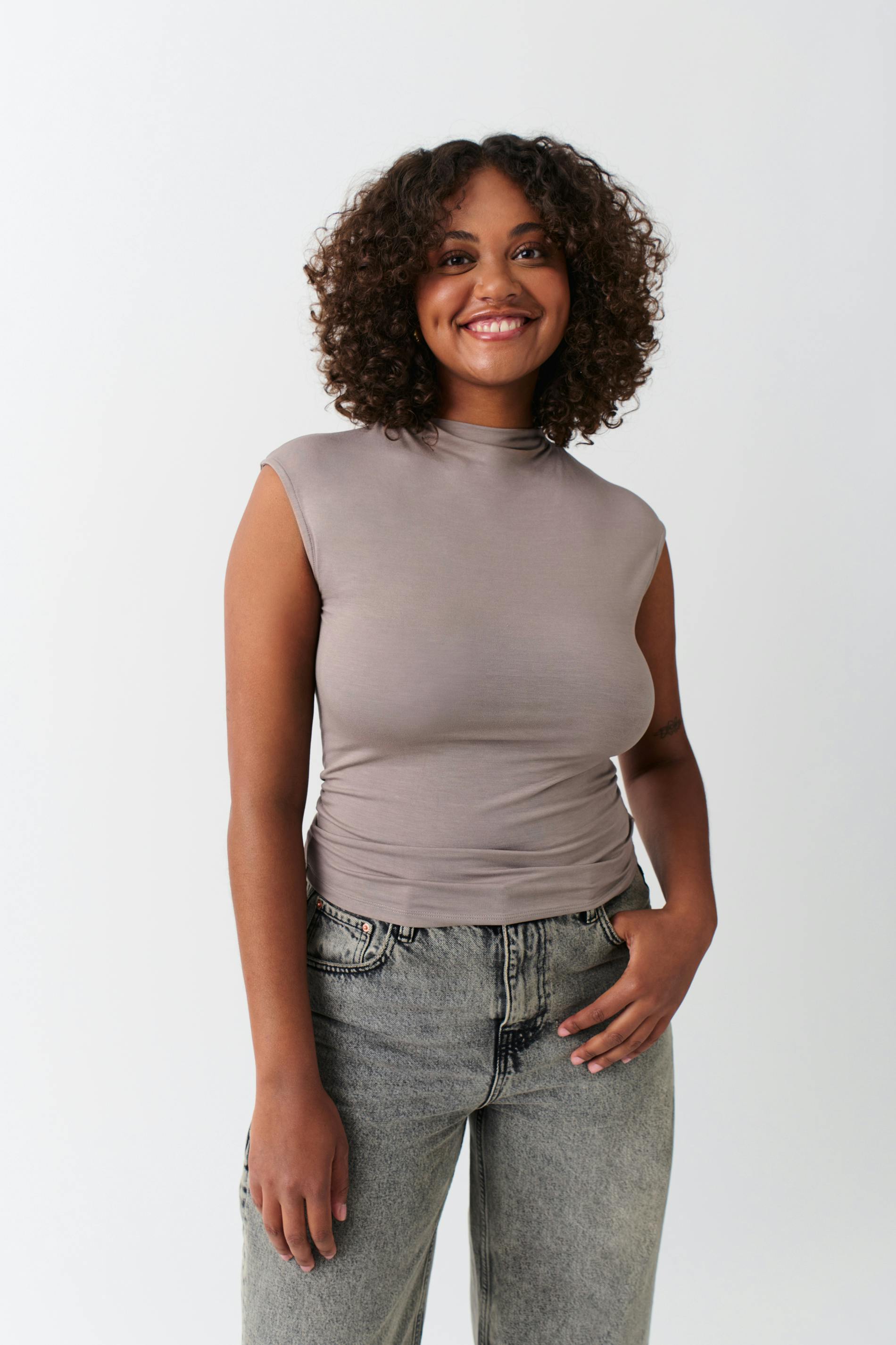 Soft touch funnel neck top