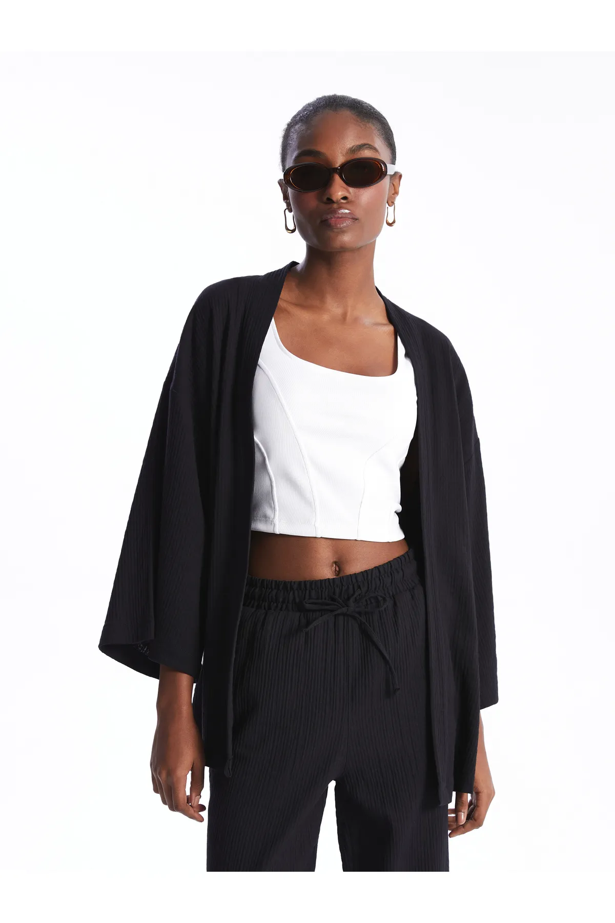 LC Waikiki  Damen-Kimono aus einfarbigem Musselin mit Schalkragen