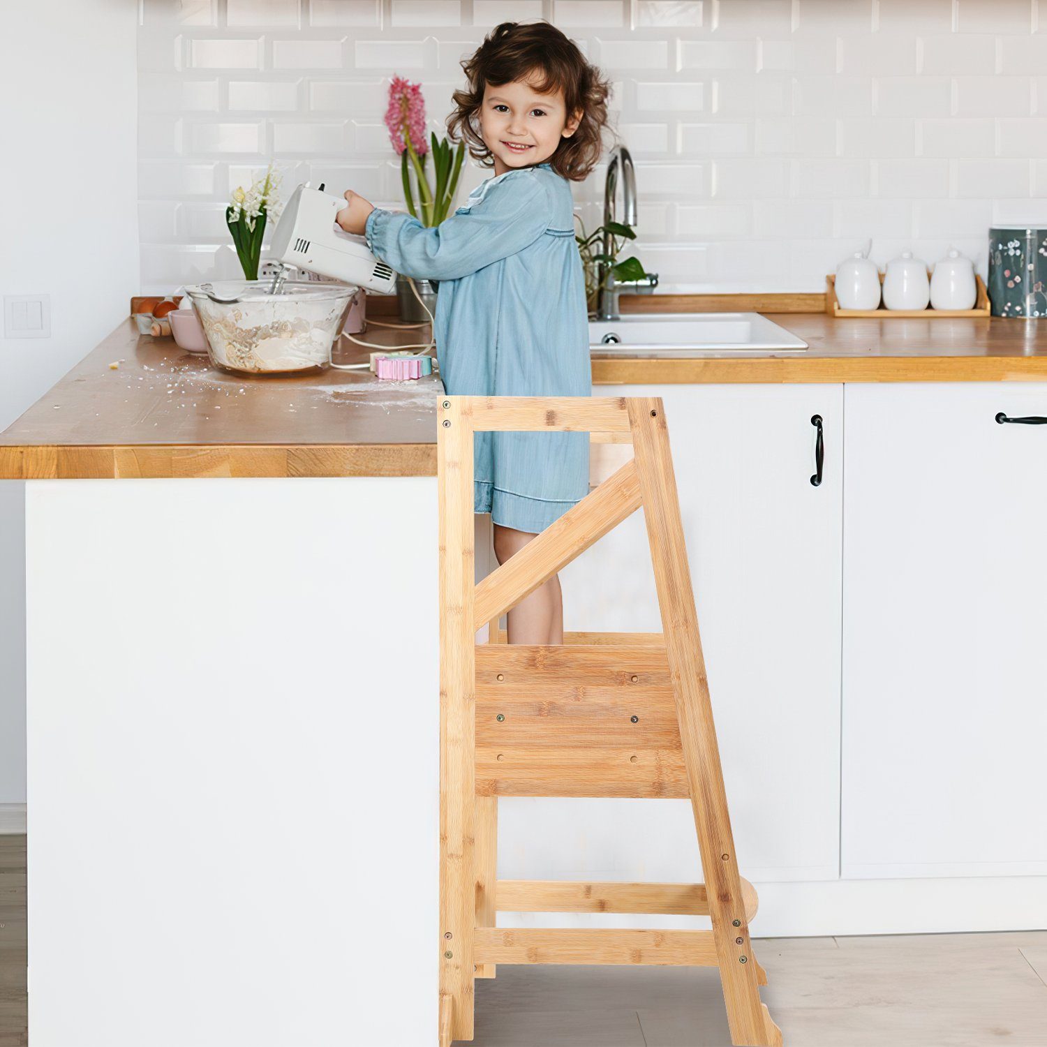 Yakimz Stehhilfe Lernturm für Baby Kindertisch Tritthocker mit Tafel Küchenhelfer