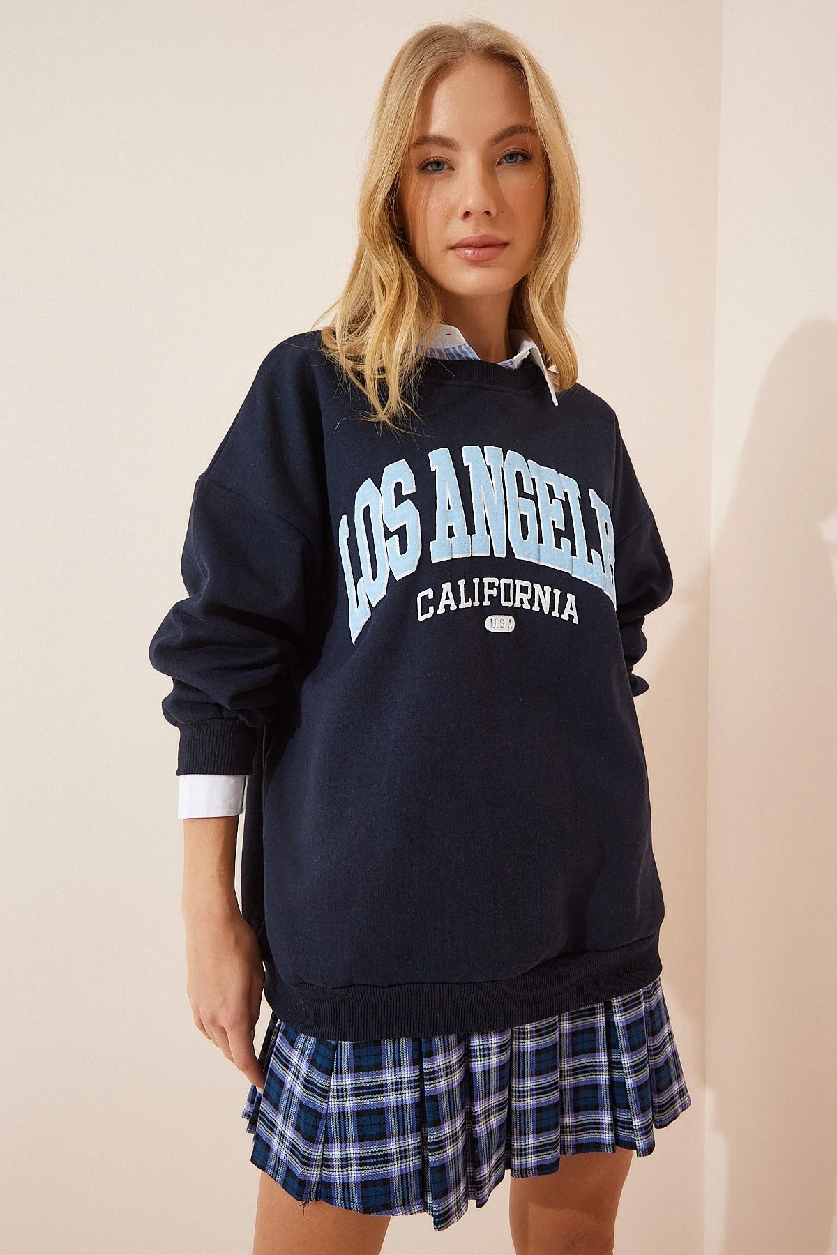 Happiness İstanbul  Marineblaues, bedrucktes Strick-Sweatshirt mit Reliefmuster für Damen DZ00064