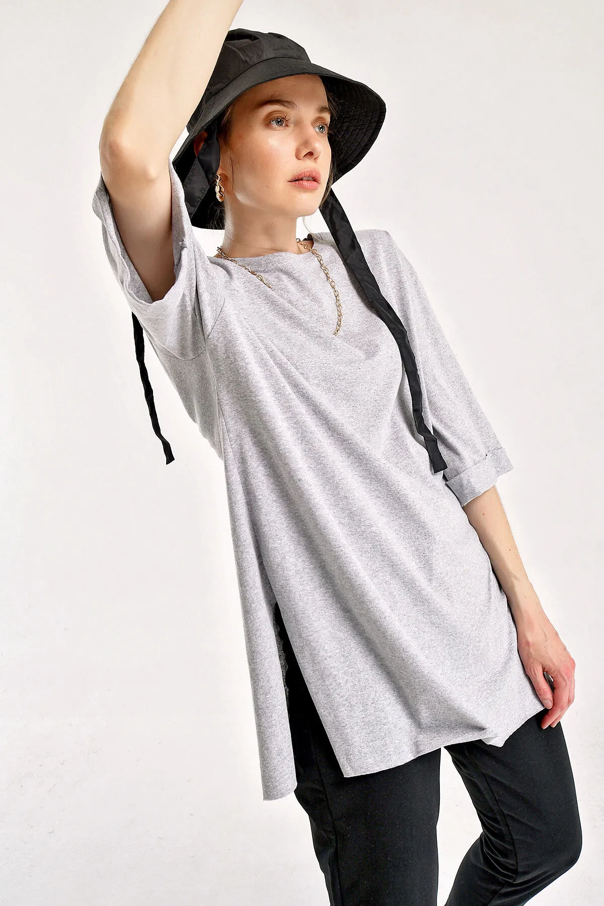 Bigdart  4123 Geschlitztes Oversize-T-Shirt – Grau