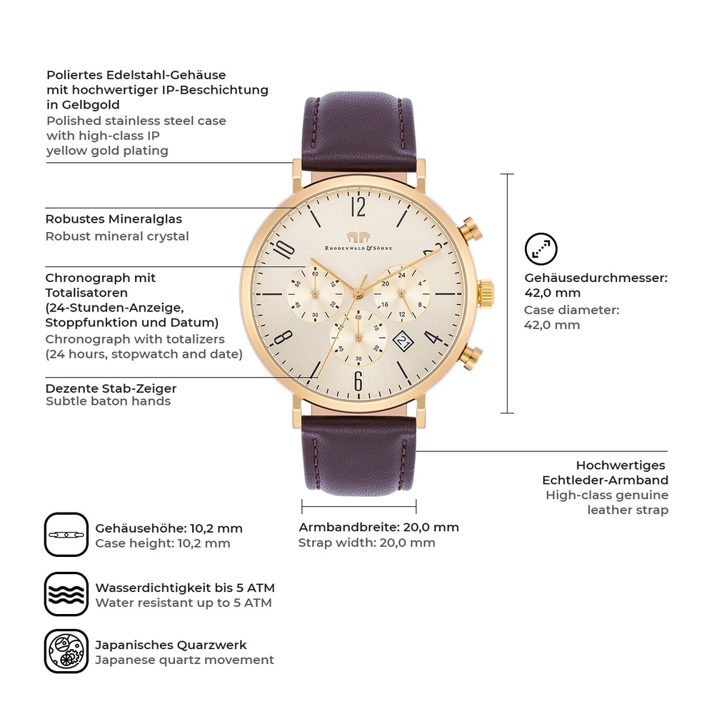 Rhodenwald & Söhne Chronographe Arakon en Or jaune Cuir véritable en Marron Montre