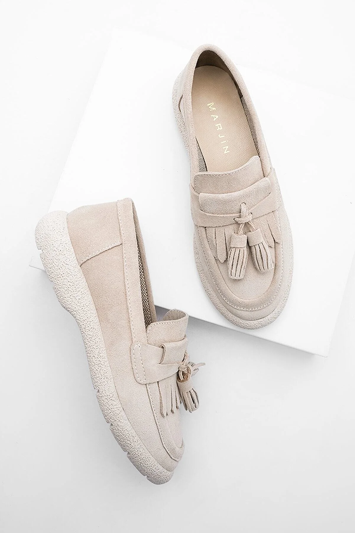 Marjin  Damen Echtleder Loafer Freizeitschuhe Suma Beige Wildleder