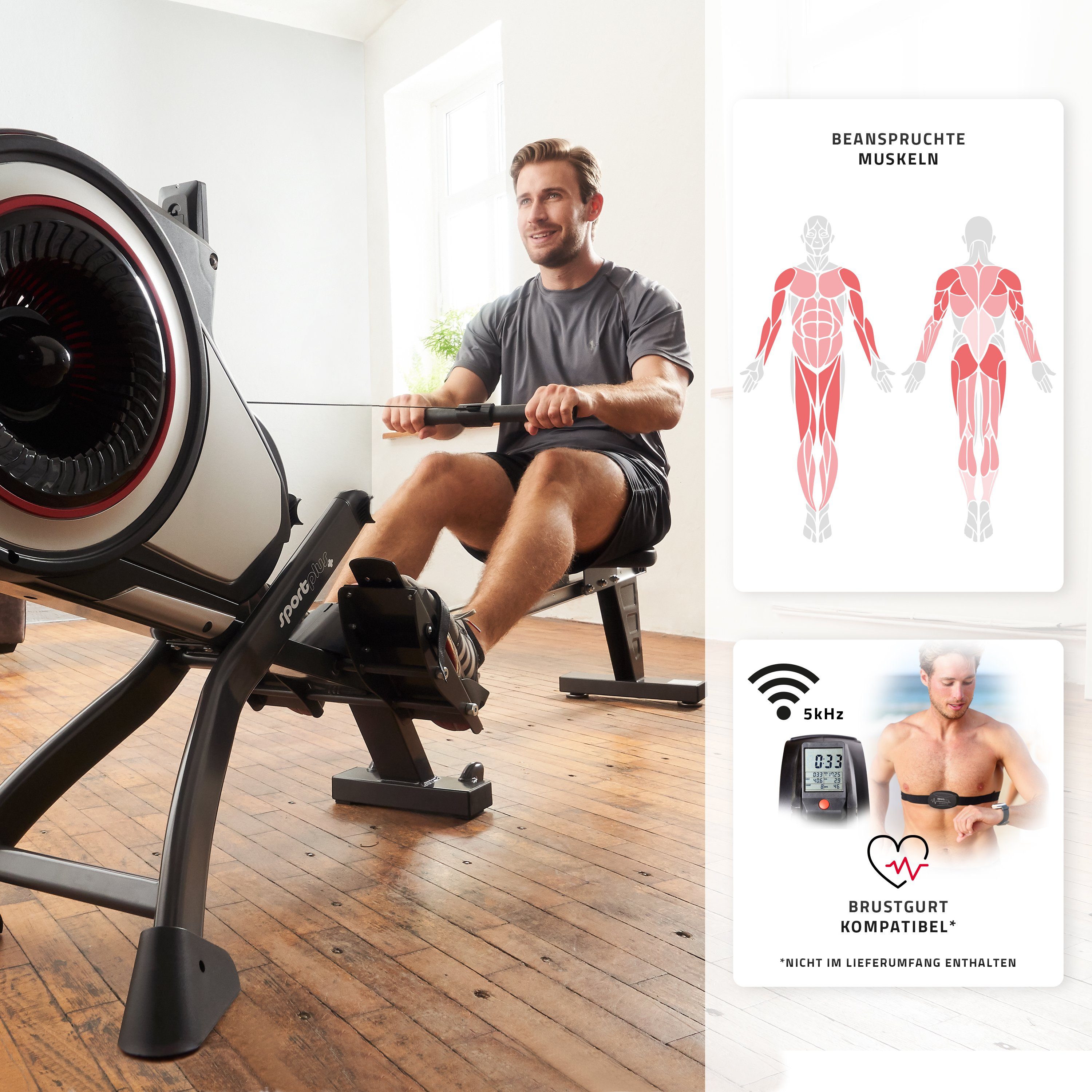SportPlus Rudergerät SP-MR-010, Rudergerät, Turbinenbremssystem, 8 Luftwiderstandsstufen, SP-MR-010