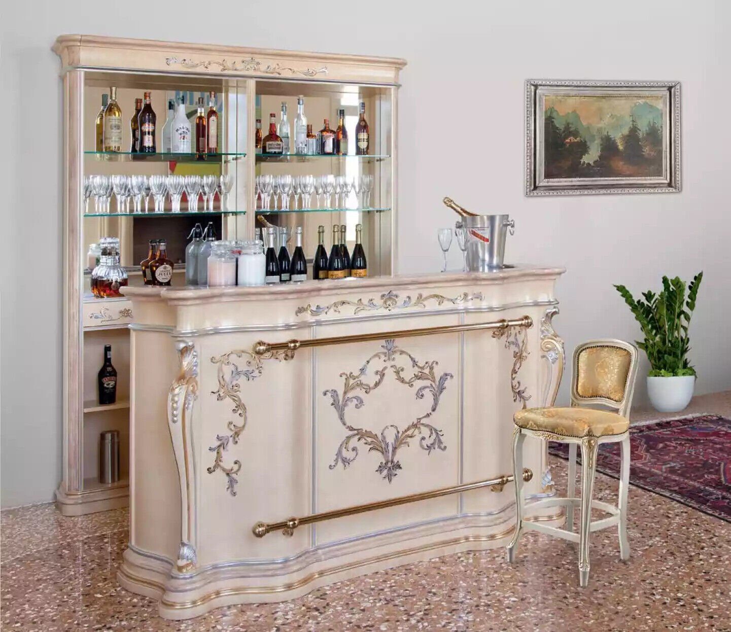 JVmoebel Barschrank Klassische Bartheke Barschrank Designer Möbel Massivholz Vitrine Bar (2-St., Nur Barschrank + Bartheke) Made in Italy